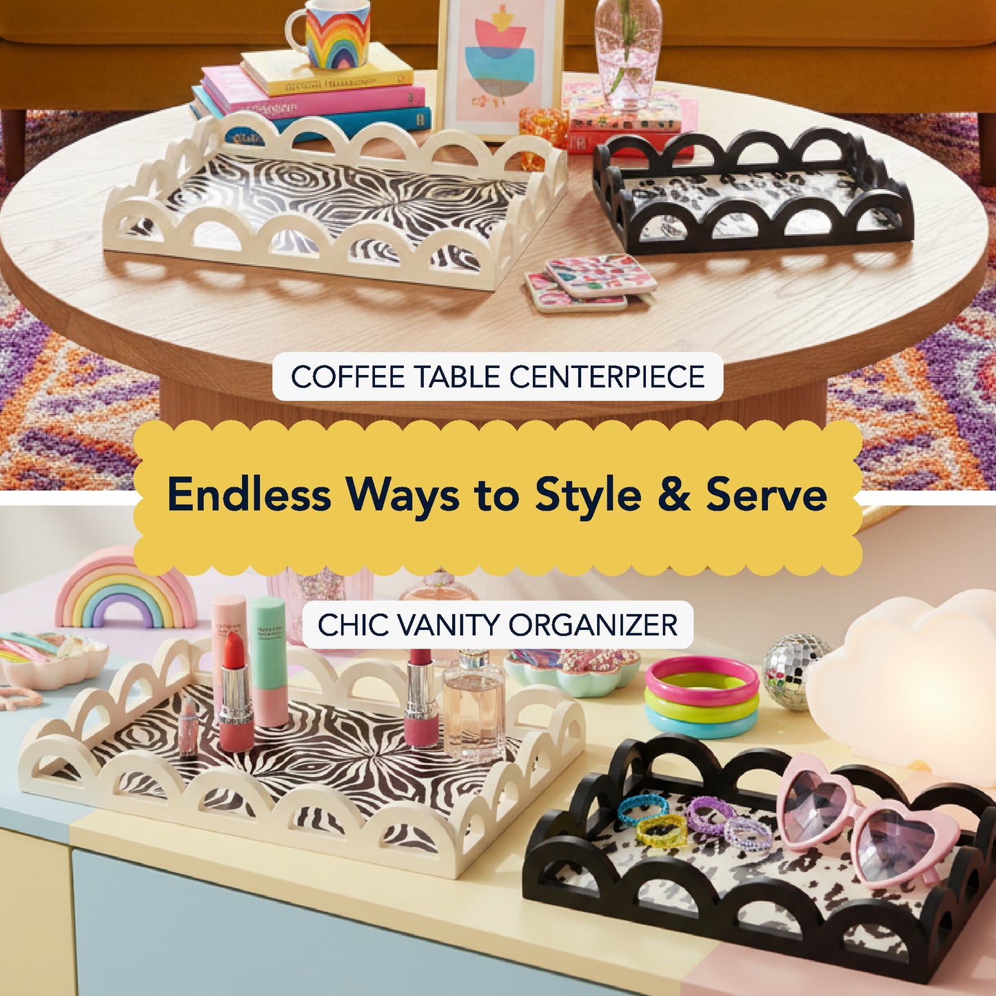 2-piece scalloped rectangle serving tray set with leopard and zebra print design, MDF decorative trays for serving food, drinks, charcuterie, and organizing coffee table or vanity