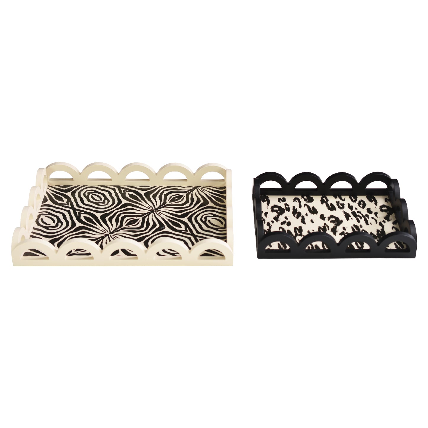 2-piece scalloped rectangle serving tray set with leopard and zebra print design, MDF decorative trays for serving food, drinks, charcuterie, and organizing coffee table or vanity