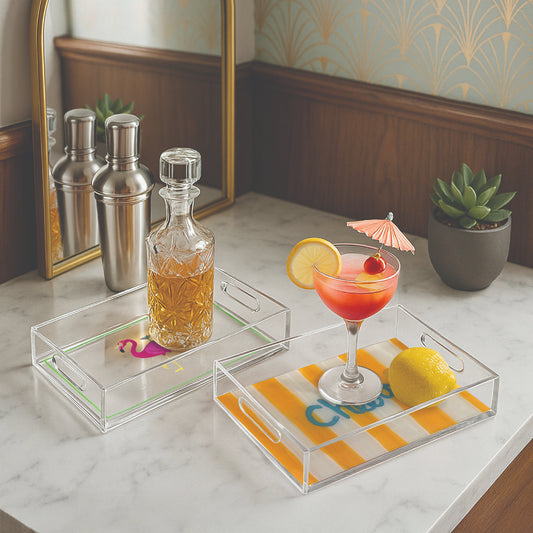 2-pc Acrylic Serving Tray Set - Cheers & Flamingo Decorative Trays