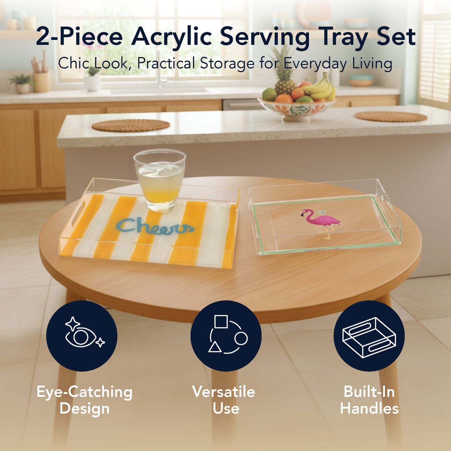 2-pc Acrylic Serving Tray Set - Cheers & Flamingo Decorative Trays