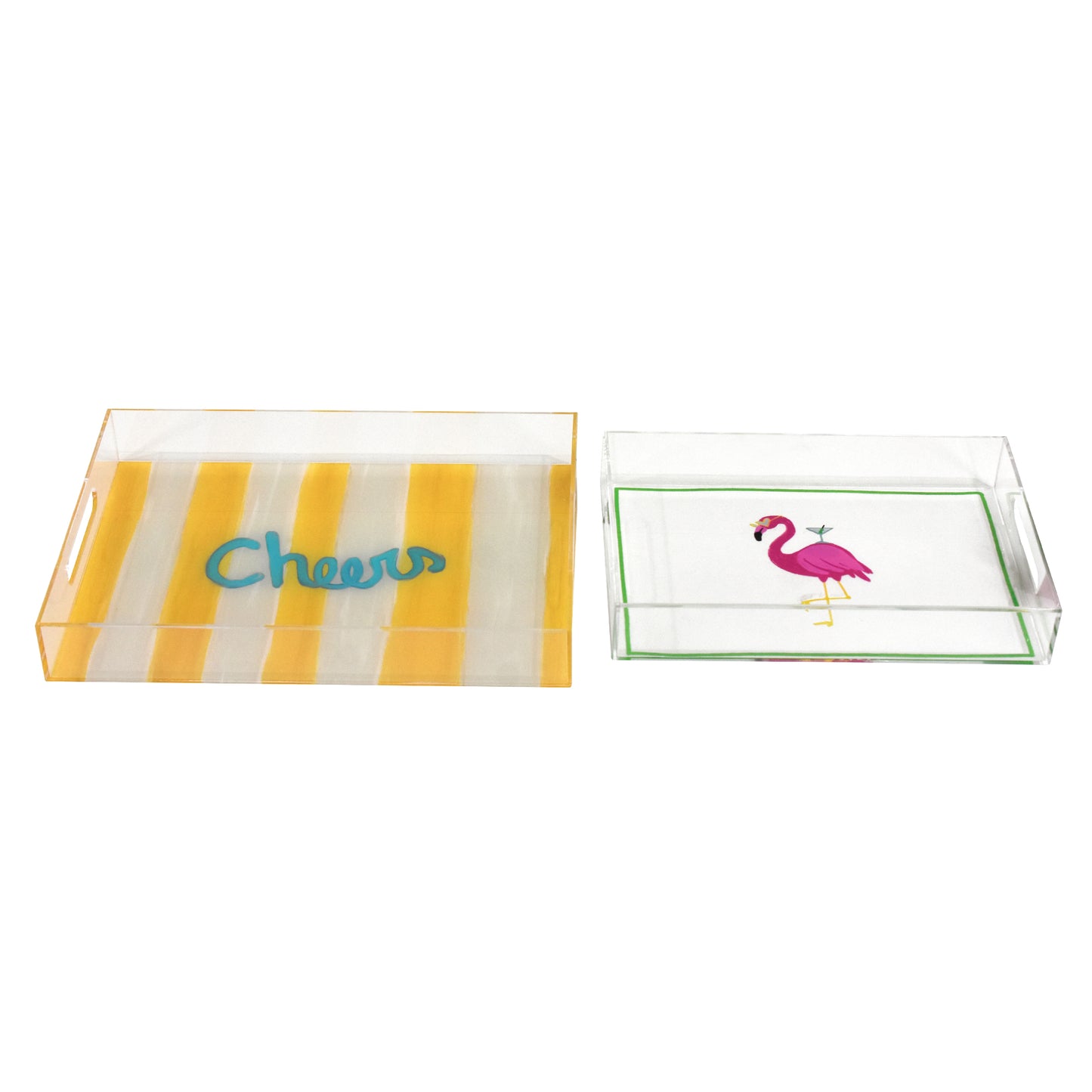 2-pc Acrylic Serving Tray Set - Cheers & Flamingo Decorative Trays