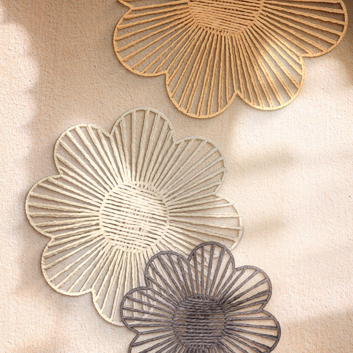 Floral Paper Rope Wall Decor Set of 3 Assorted - Boho Wall Art, Farmhouse Basket Style