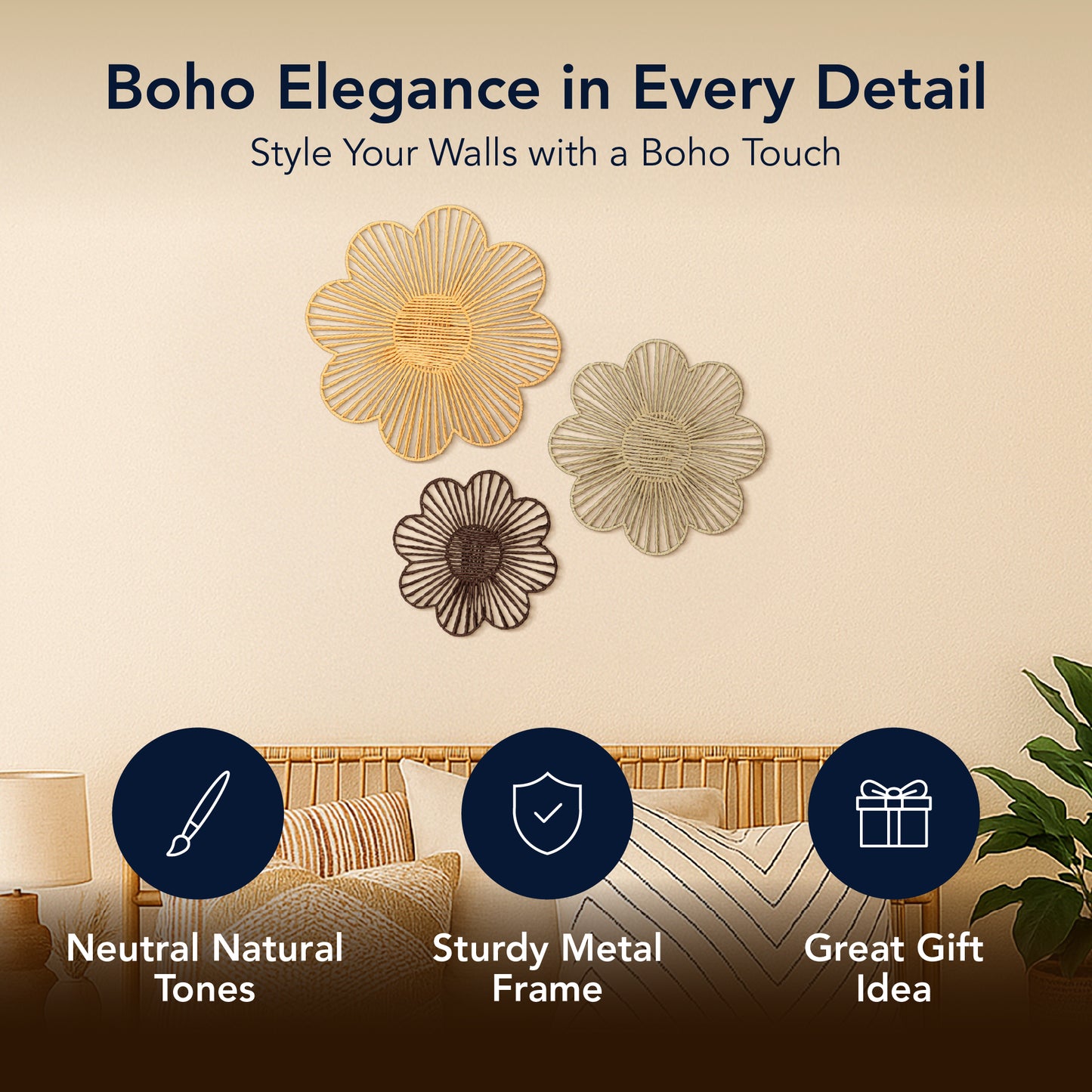 Floral Paper Rope Wall Decor Set of 3 Assorted - Boho Wall Art, Farmhouse Basket Style