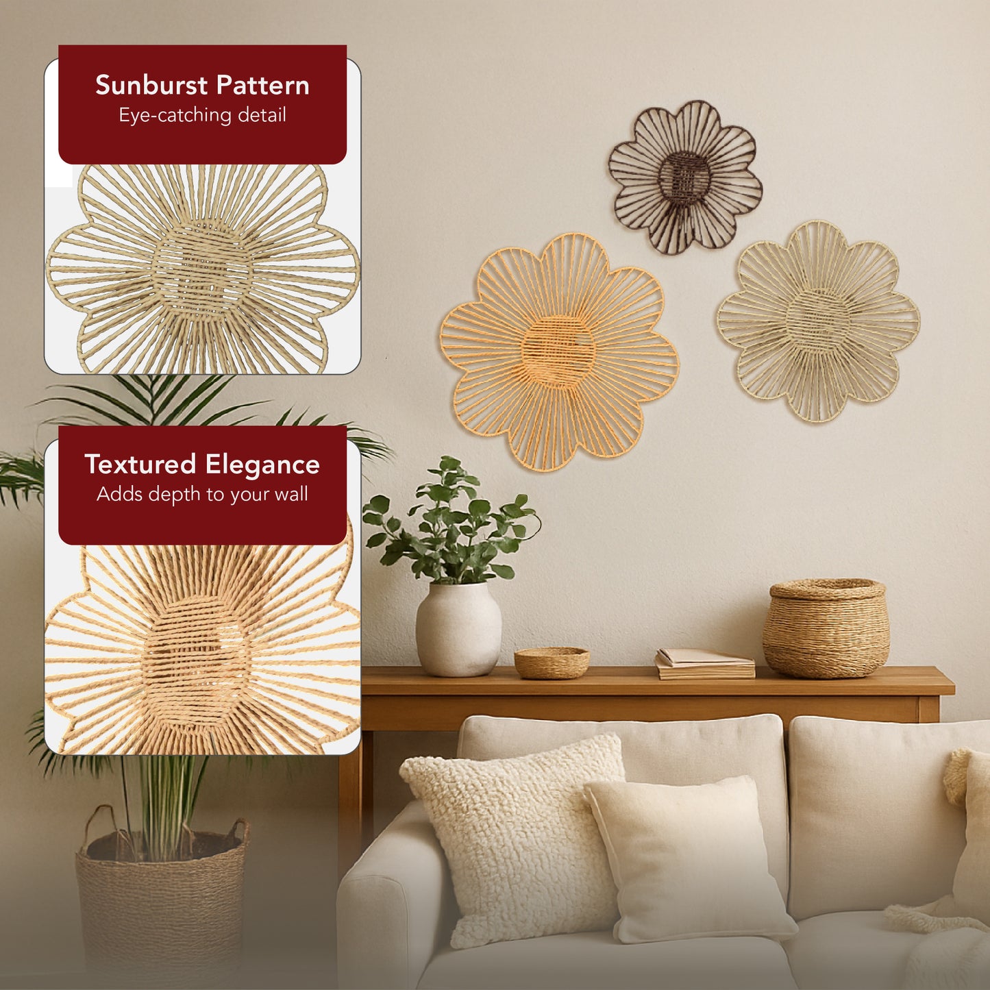 Floral Paper Rope Wall Decor Set of 3 Assorted - Boho Wall Art, Farmhouse Basket Style