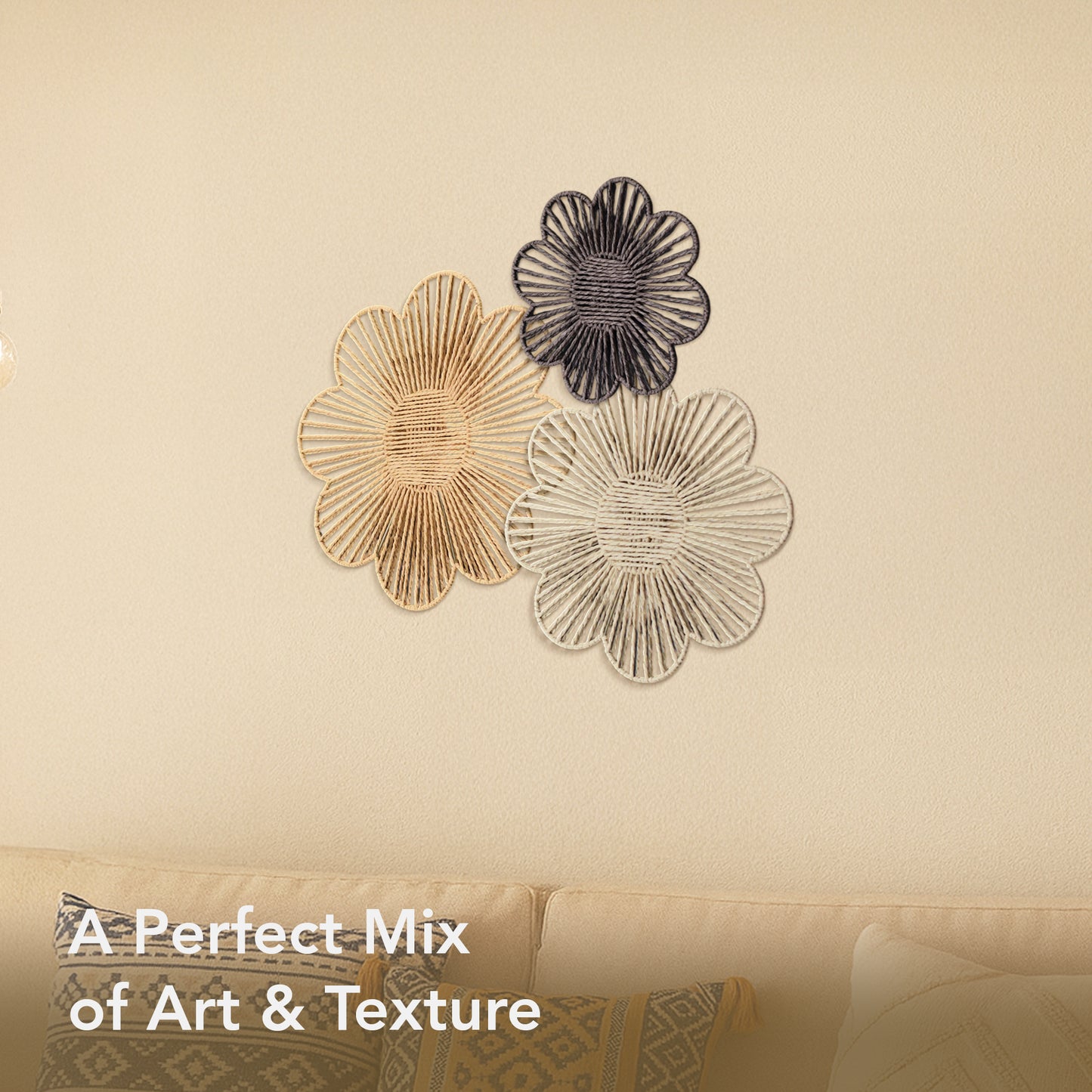 Floral Paper Rope Wall Decor Set of 3 Assorted - Boho Wall Art, Farmhouse Basket Style