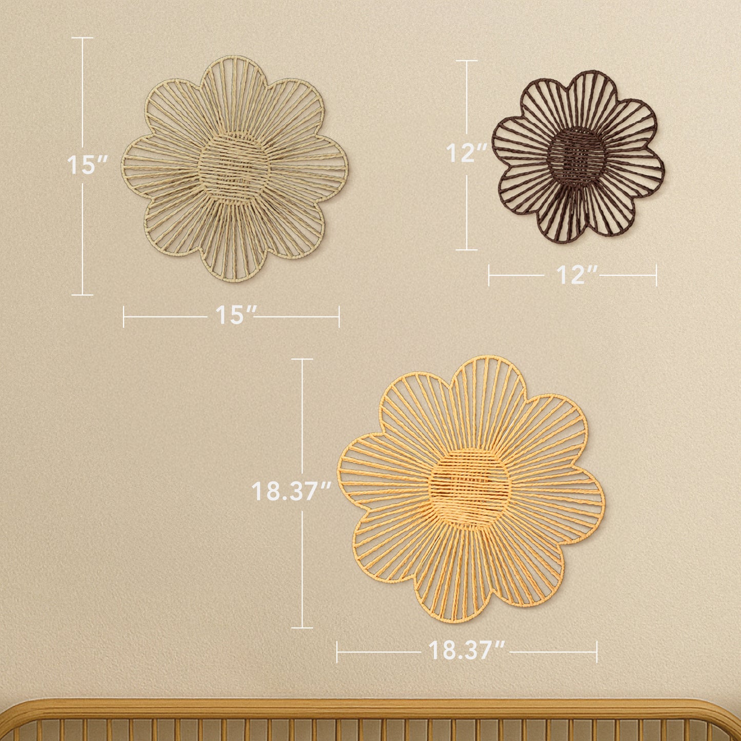 Floral Paper Rope Wall Decor Set of 3 Assorted - Boho Wall Art, Farmhouse Basket Style