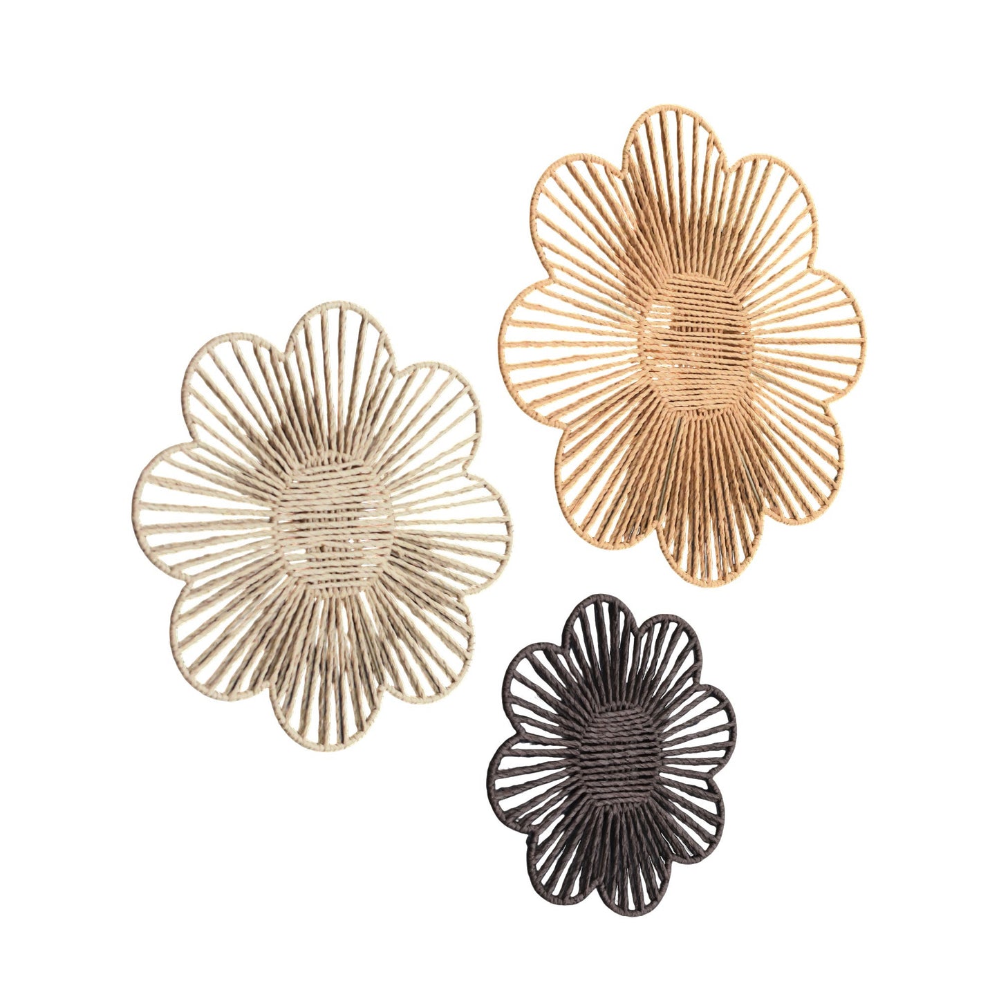 Floral Paper Rope Wall Decor Set of 3 Assorted - Boho Wall Art, Farmhouse Basket Style