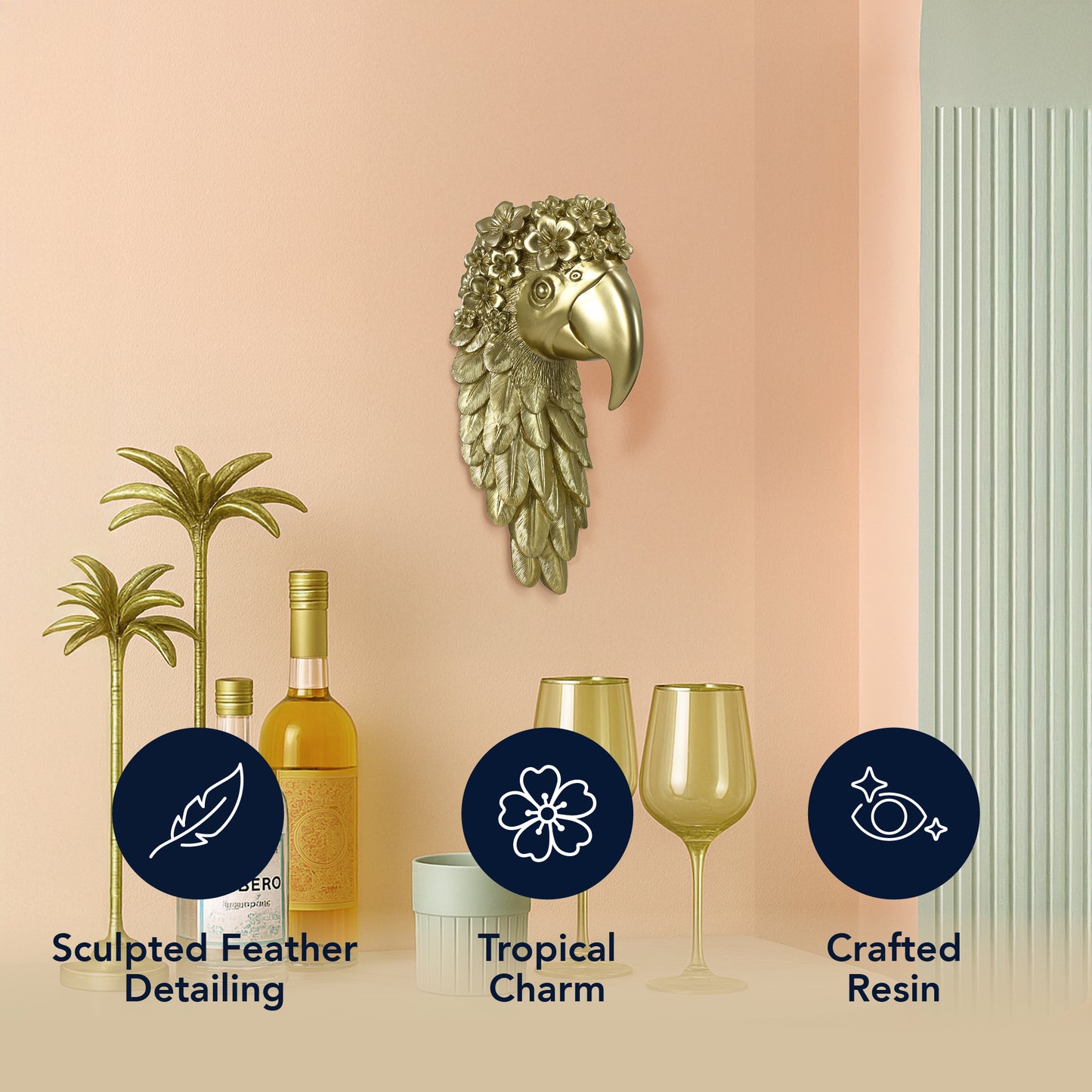 Gold Macaw Parrot 3D Wall Decor - Tropical Resin Sculpture