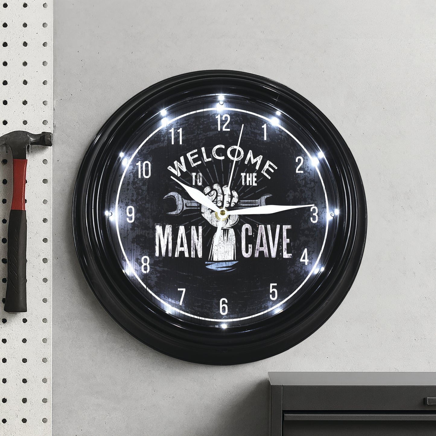 Welcome to the Man Cave LED Wall Clock - Mechanic Decor 12"