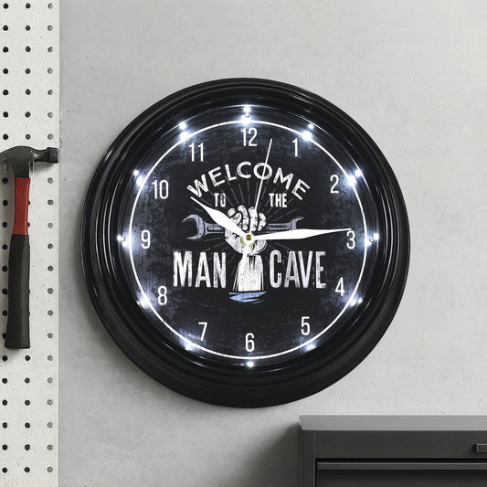 Welcome to the Man Cave LED Wall Clock - Mechanic Decor 12"