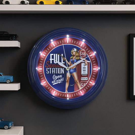 Gas Pin-Up Girl LED Vintage Wall Clock - Retro Garage Decor 12"