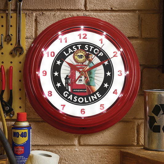 Last Stop Gasoline Pinup Girl LED Wall Clock - Gasoline Decor 12"