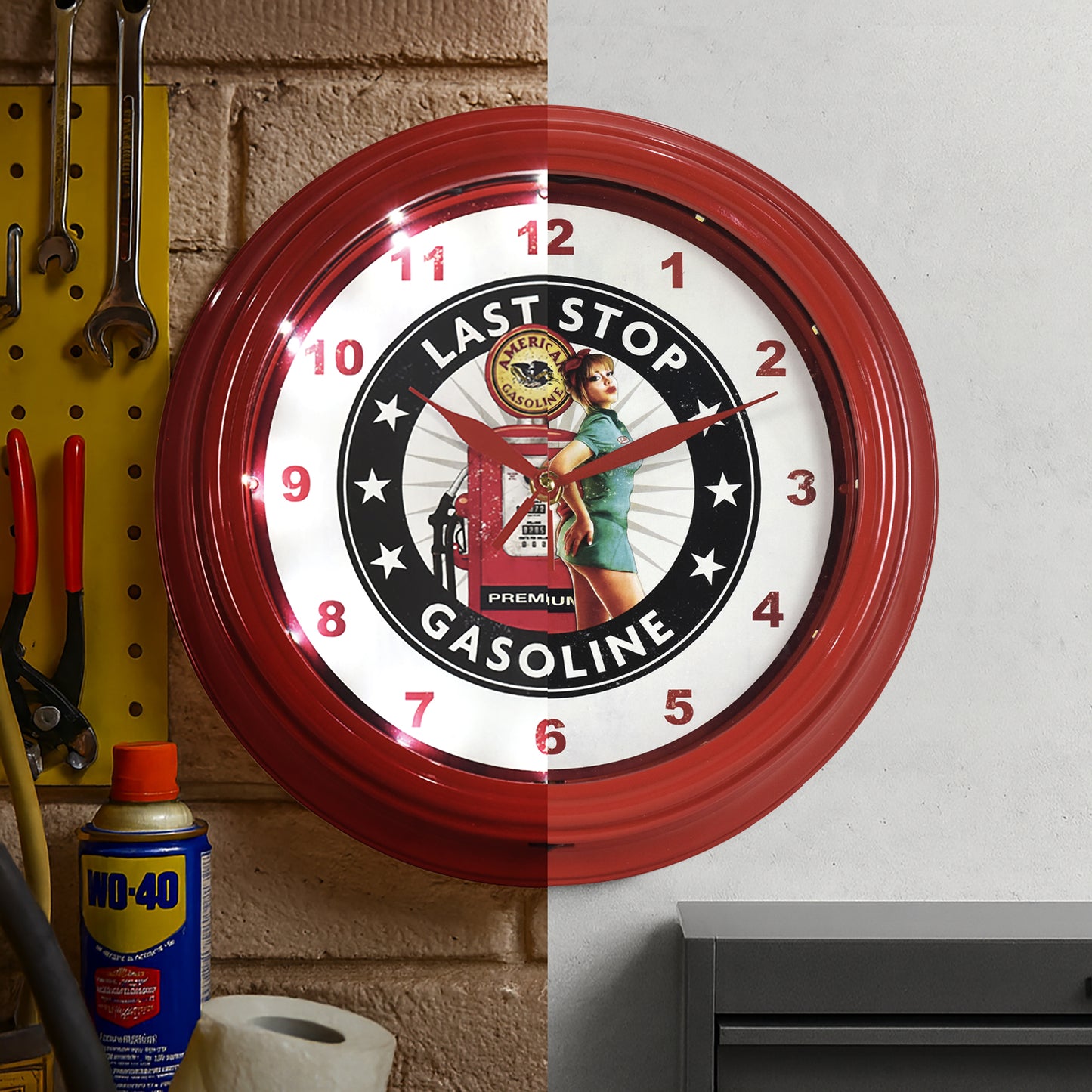 Last Stop Gasoline Pinup Girl LED Wall Clock - Gasoline Decor 12"
