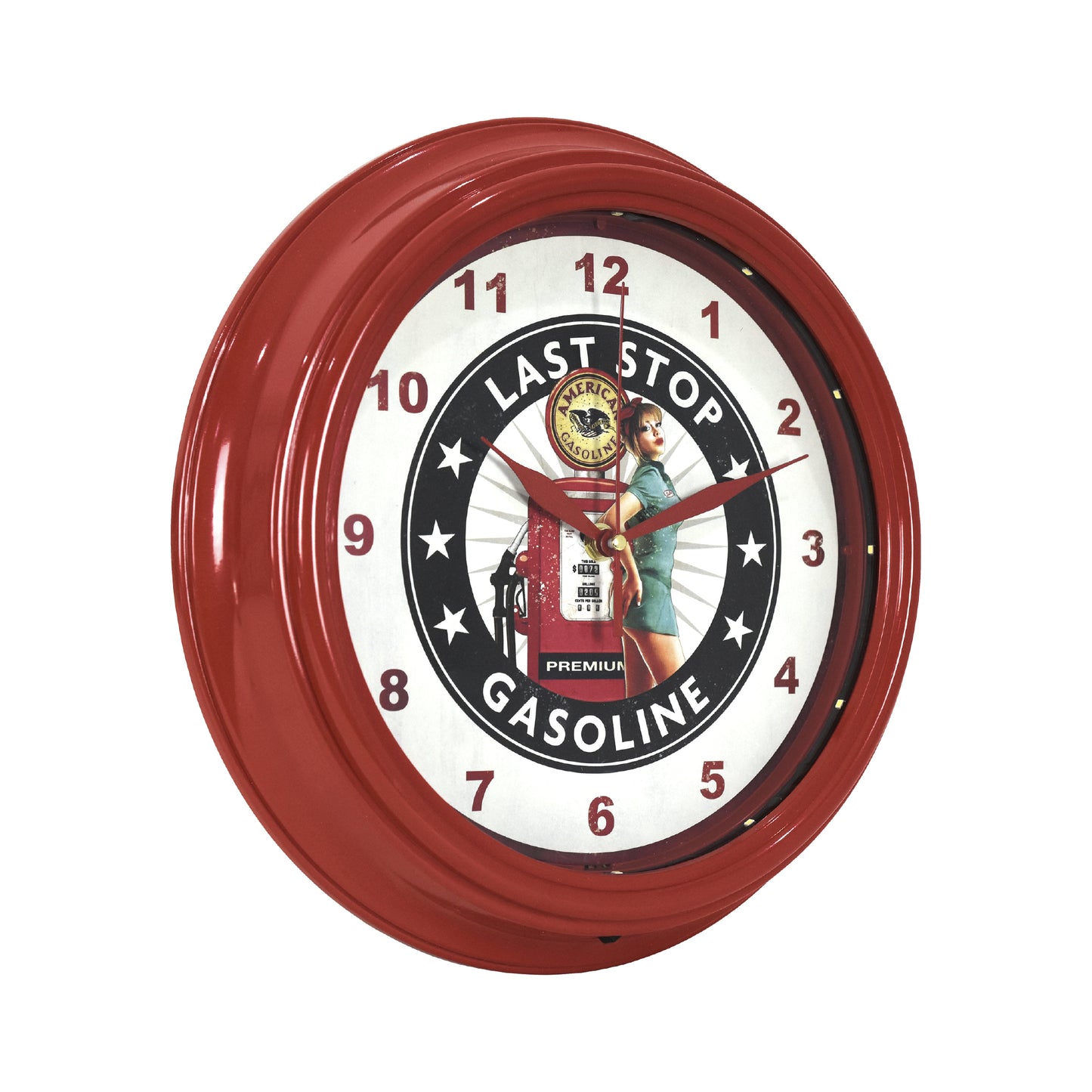 Last Stop Gasoline Pinup Girl LED Wall Clock - Gasoline Decor 12"