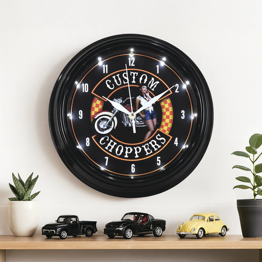 Custom Choppers Pin-Up Girl LED Wall Clock - Motorcycle Decor 12"