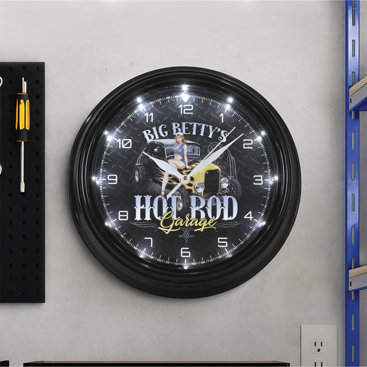 Big Betty's Hot Rod Garage Pinup Girl LED Wall Clock - Ratrod Decor 12"