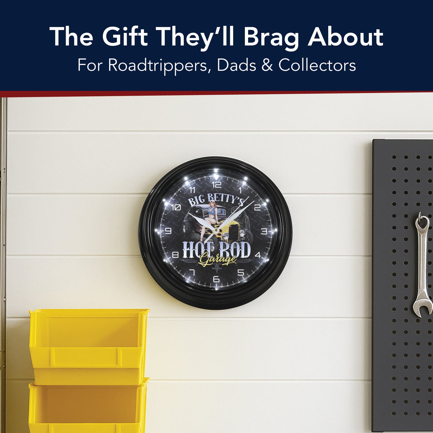 Big Betty's Hot Rod Garage Pinup Girl LED Wall Clock - Ratrod Decor 12"
