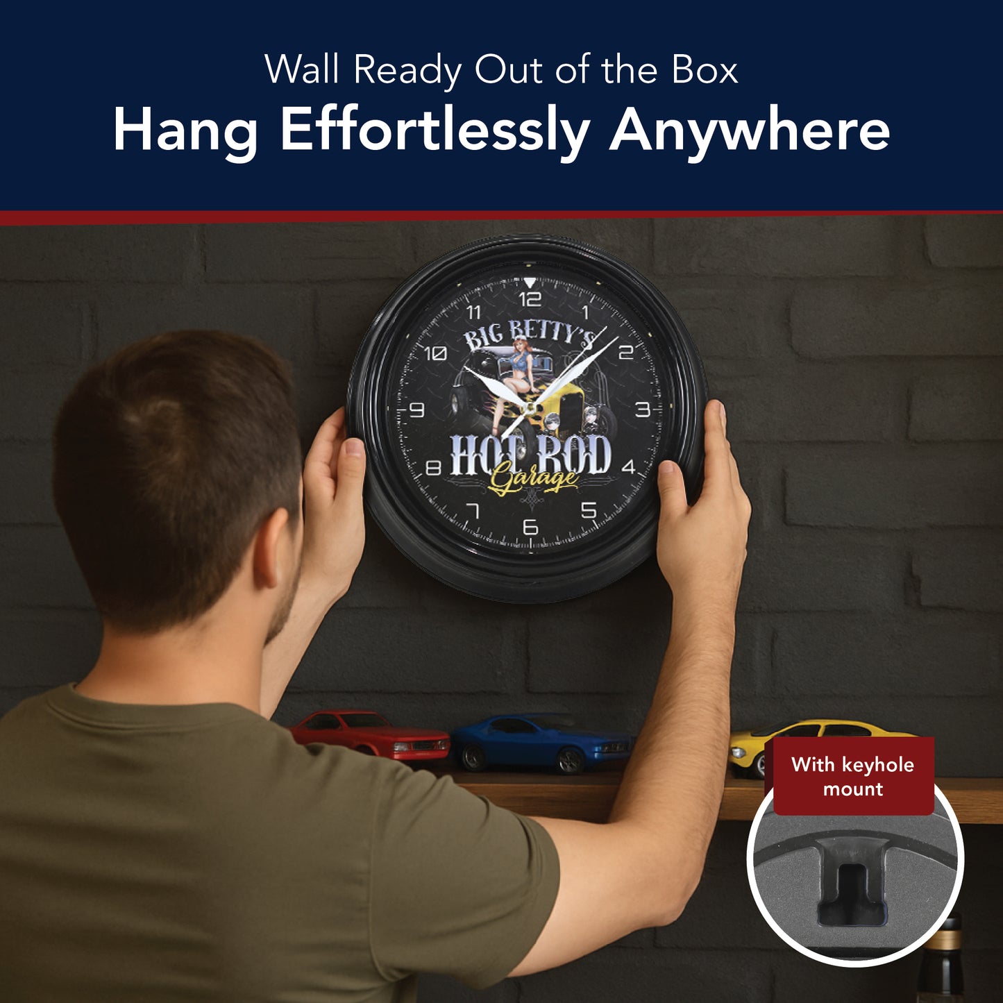 Big Betty's Hot Rod Garage Pinup Girl LED Wall Clock - Ratrod Decor 12"