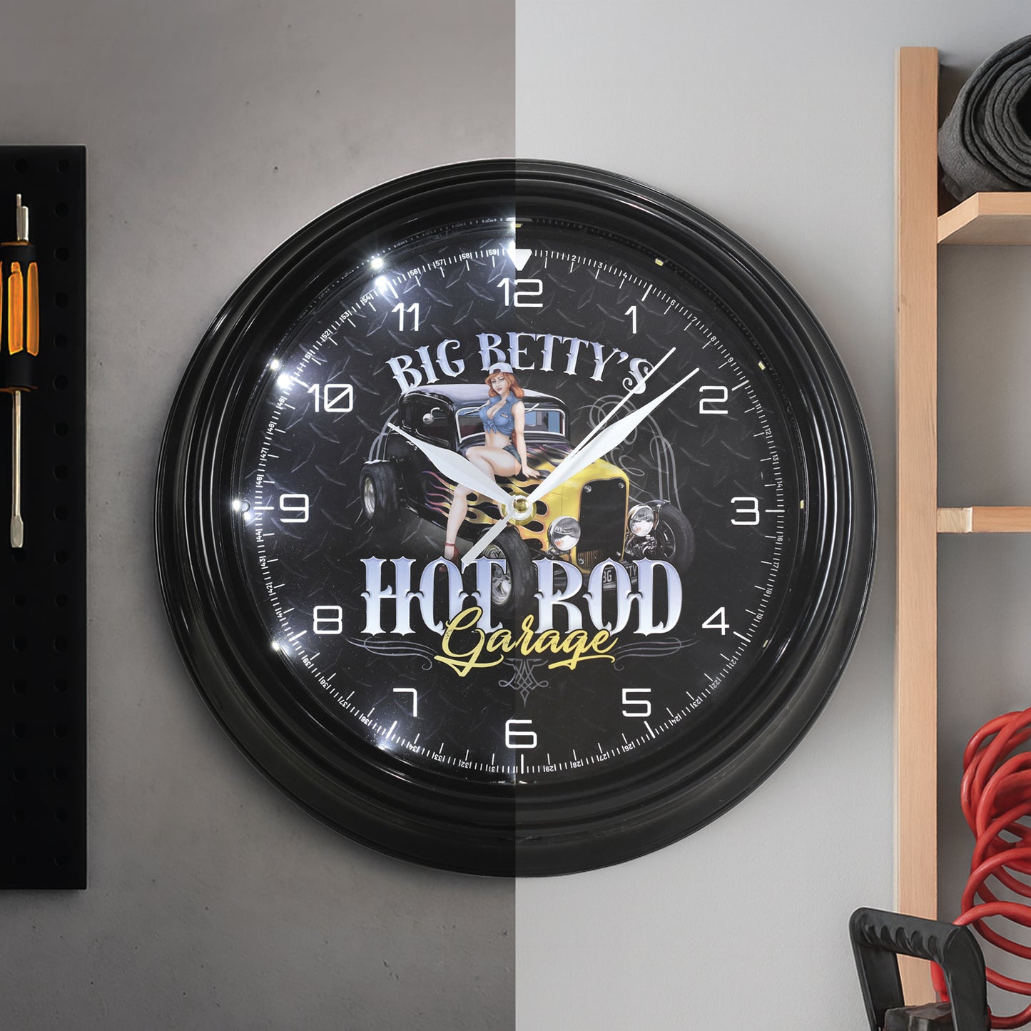 Big Betty's Hot Rod Garage Pinup Girl LED Wall Clock - Ratrod Decor 12"