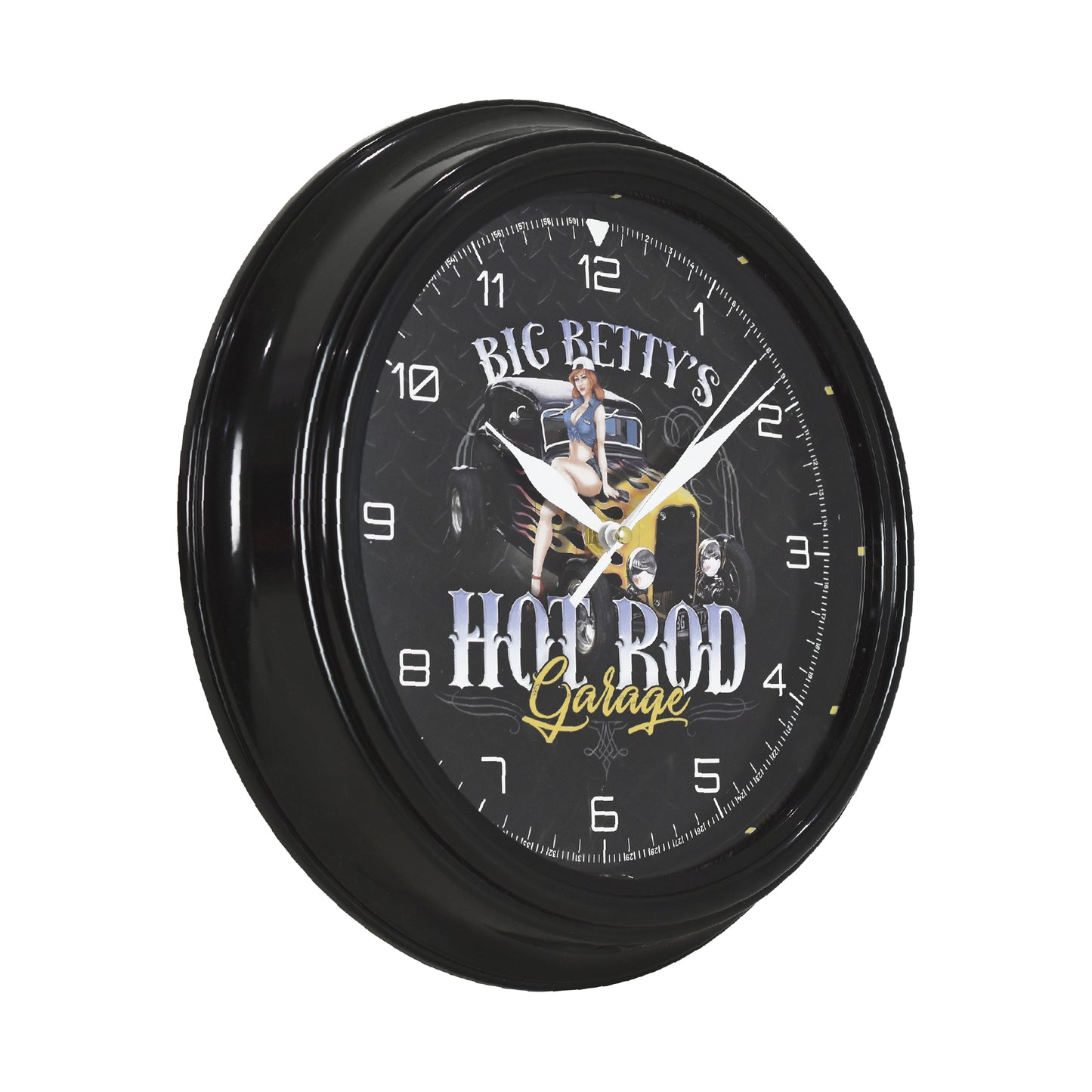 Big Betty's Hot Rod Garage Pinup Girl LED Wall Clock - Ratrod Decor 12"