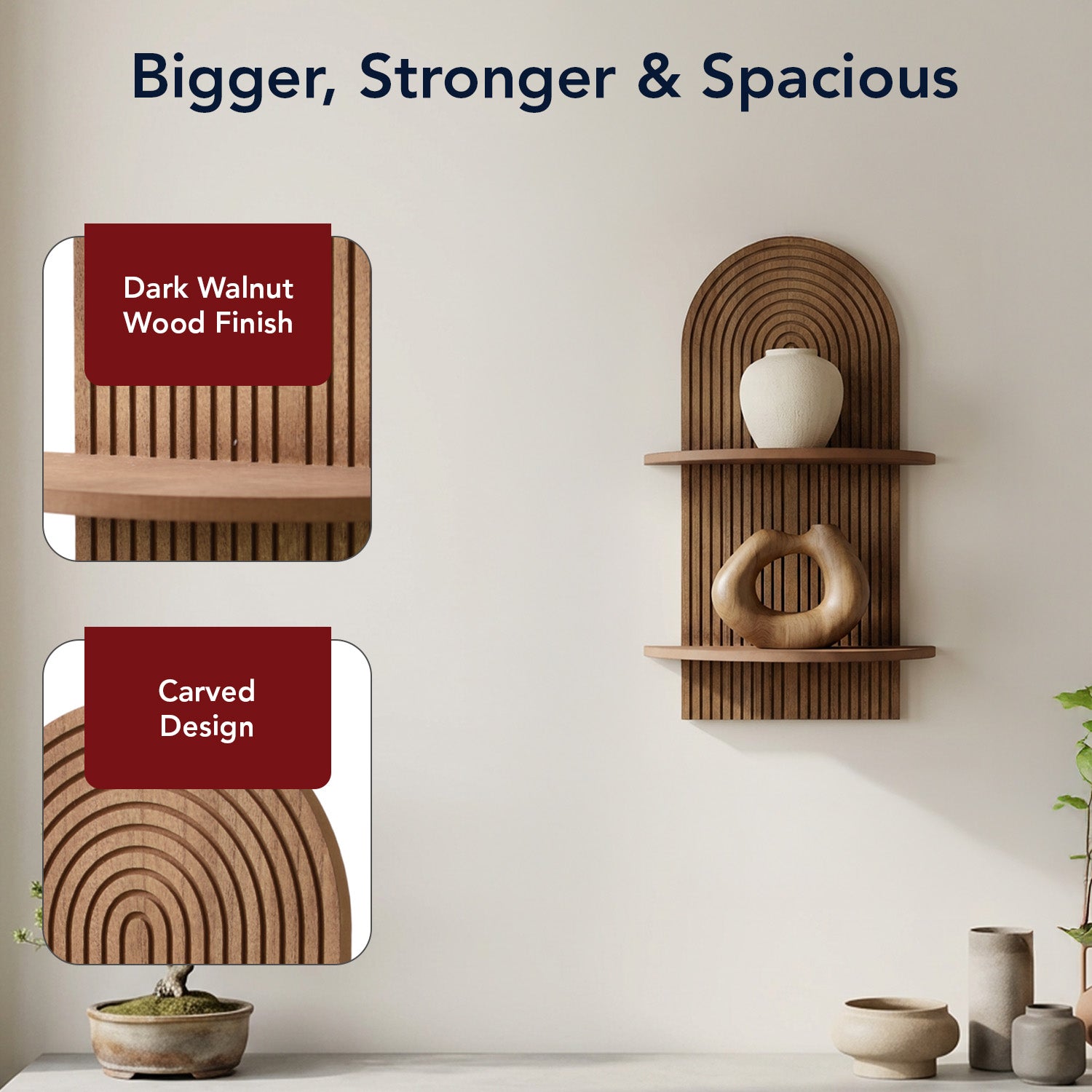 Dark Walnut Boho Arched Lunar Ledges 2-Tier Floating Wall Shelf