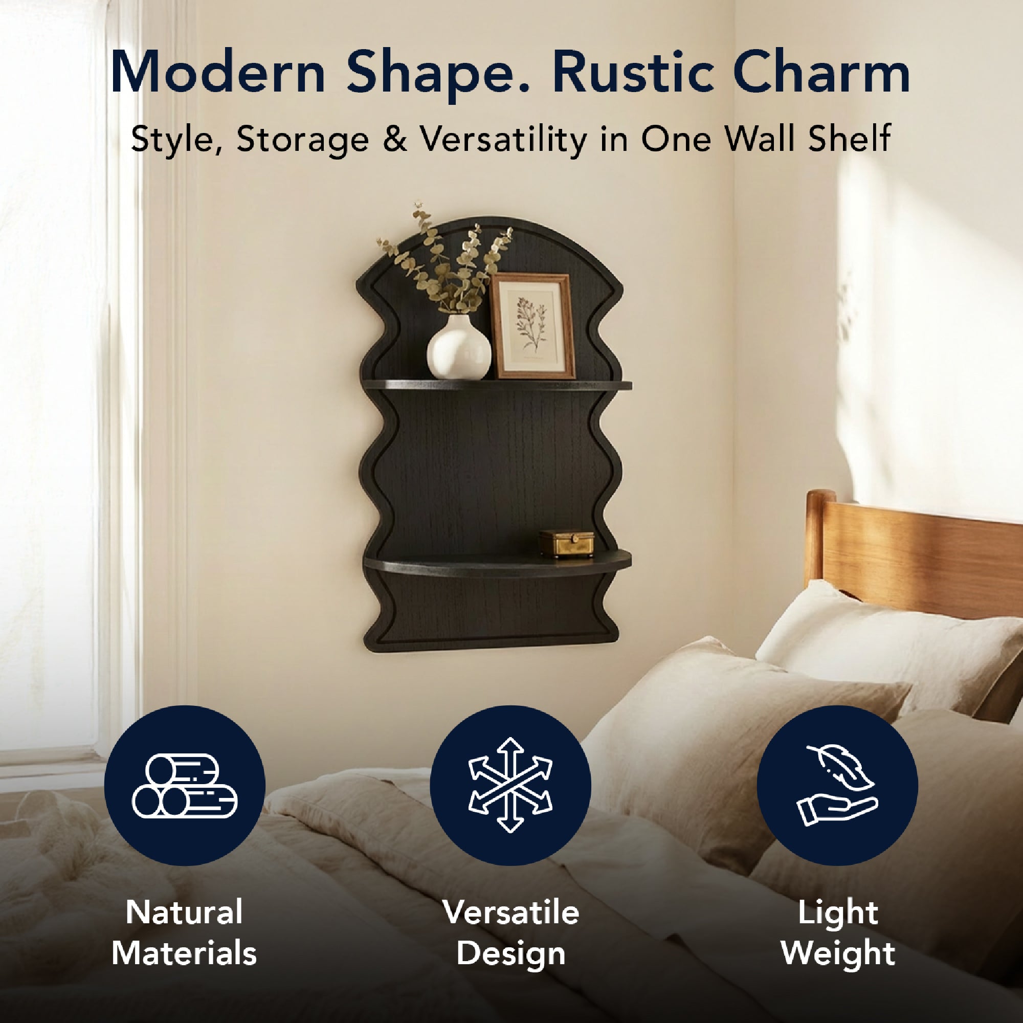 Black Wavy Arched Lunar Ledges 2-Tier Floating Wall Shelf