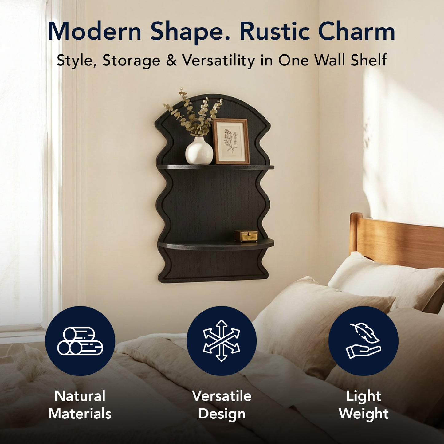 Black Wavy Arched Lunar Ledges 2-Tier Floating Wall Shelf