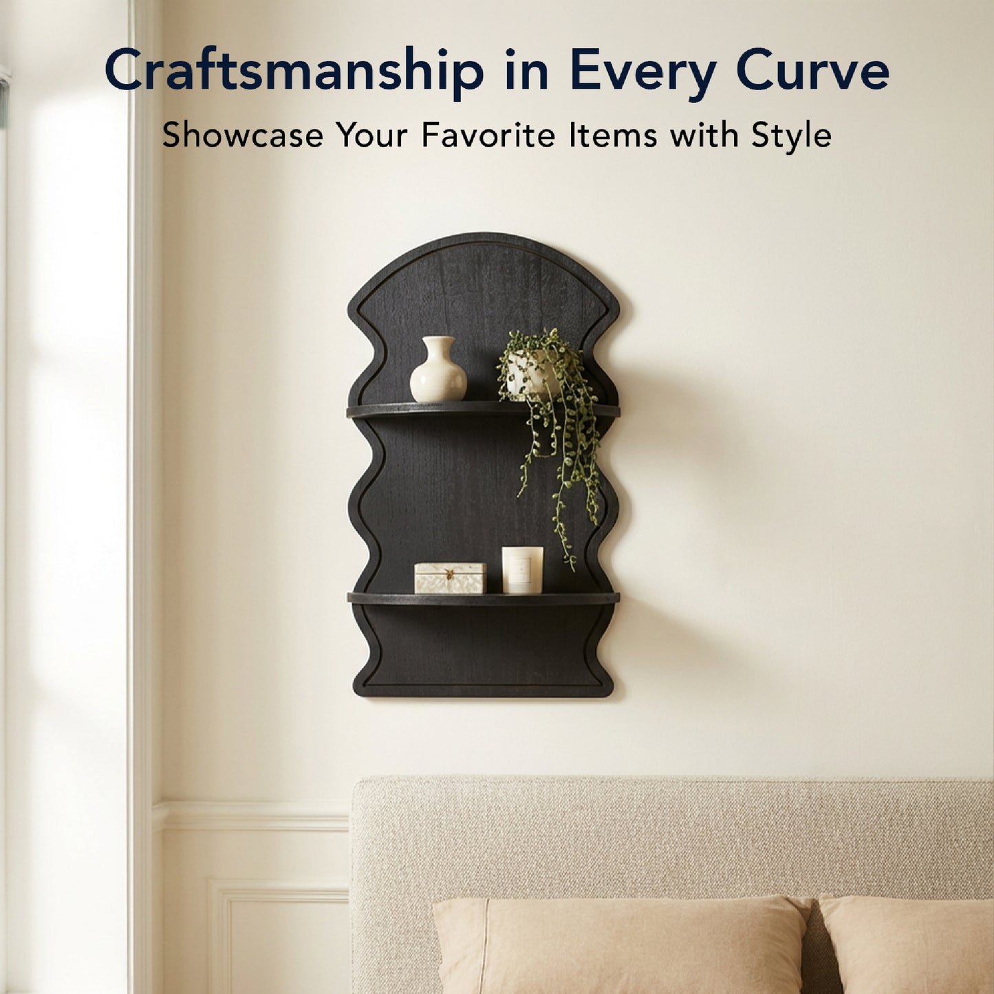 Black Wavy Arched Lunar Ledges 2-Tier Floating Wall Shelf