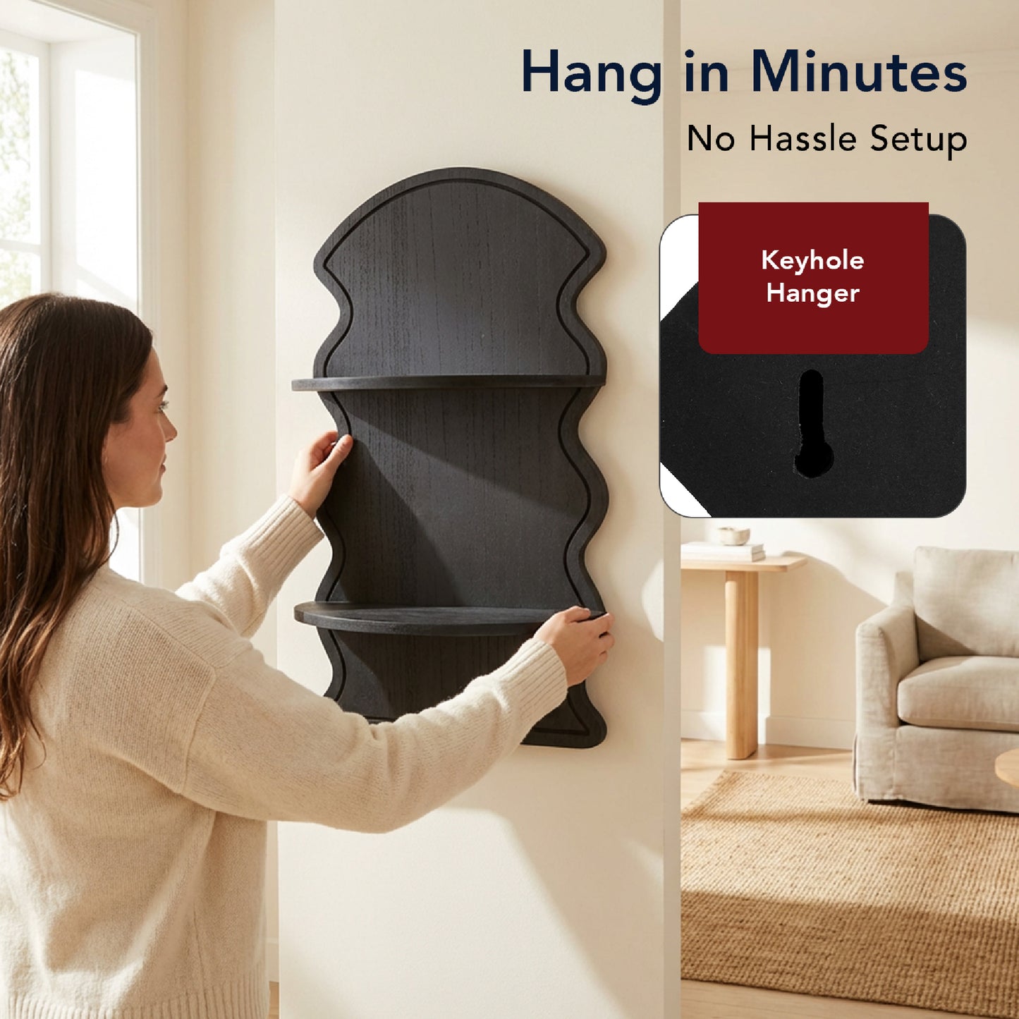 Black Wavy Arched Lunar Ledges 2-Tier Floating Wall Shelf