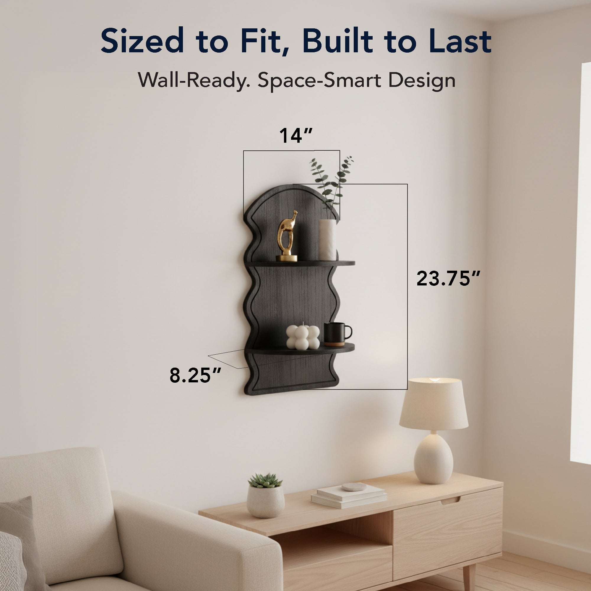 Black Wavy Arched Lunar Ledges 2-Tier Floating Wall Shelf