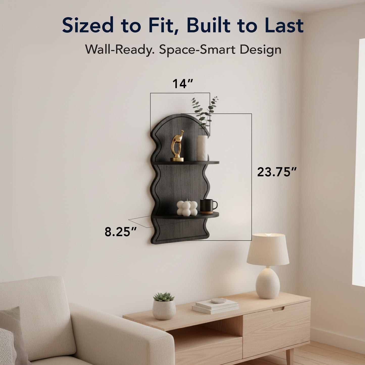 Black Wavy Arched Lunar Ledges 2-Tier Floating Wall Shelf