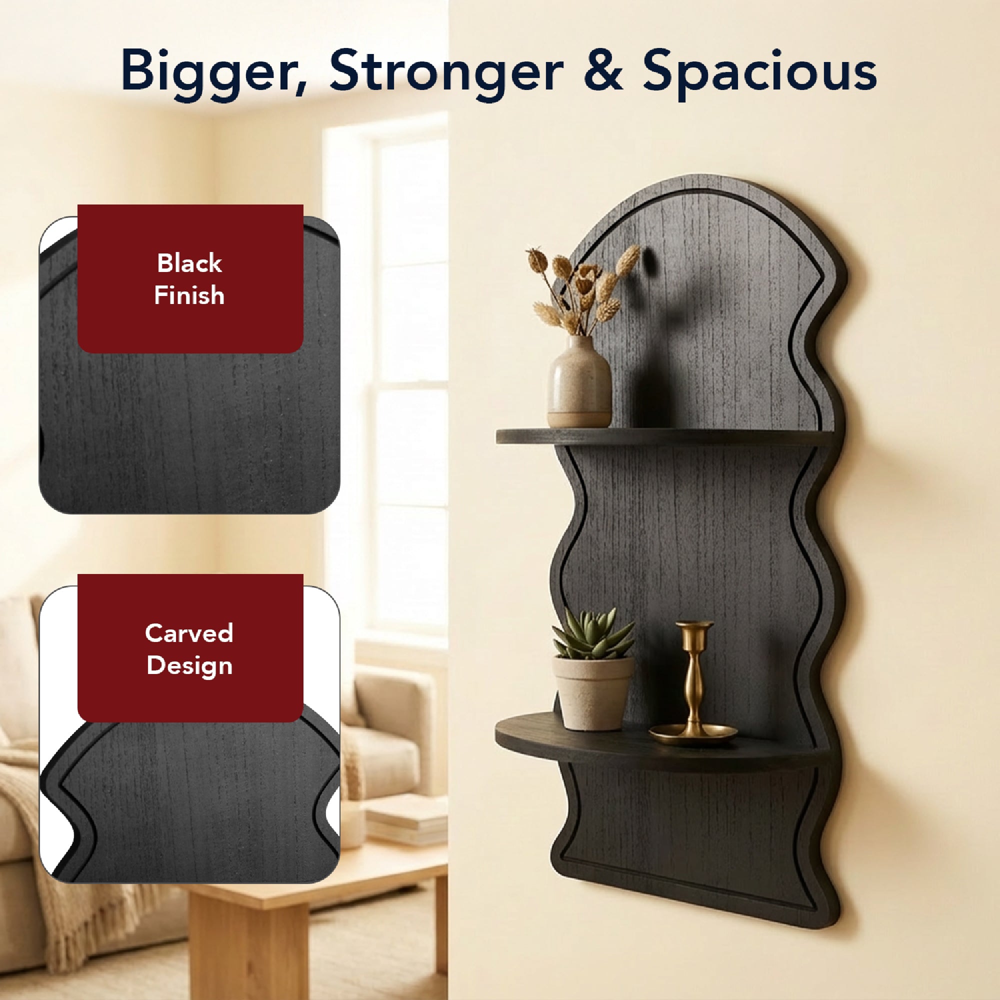 Black Wavy Arched Lunar Ledges 2-Tier Floating Wall Shelf