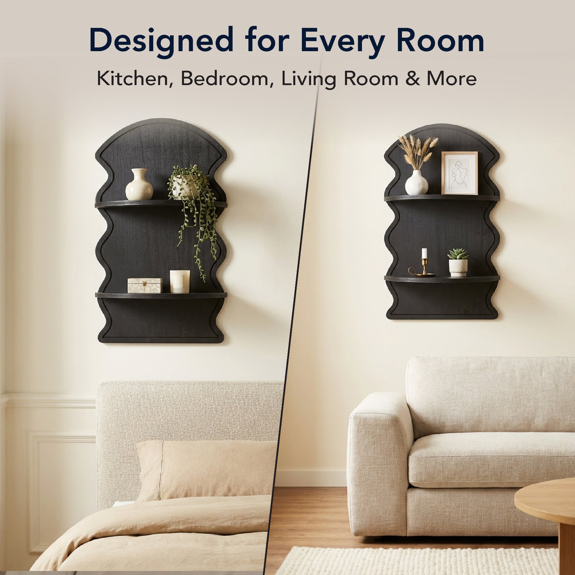 Black Wavy Arched Lunar Ledges 2-Tier Floating Wall Shelf
