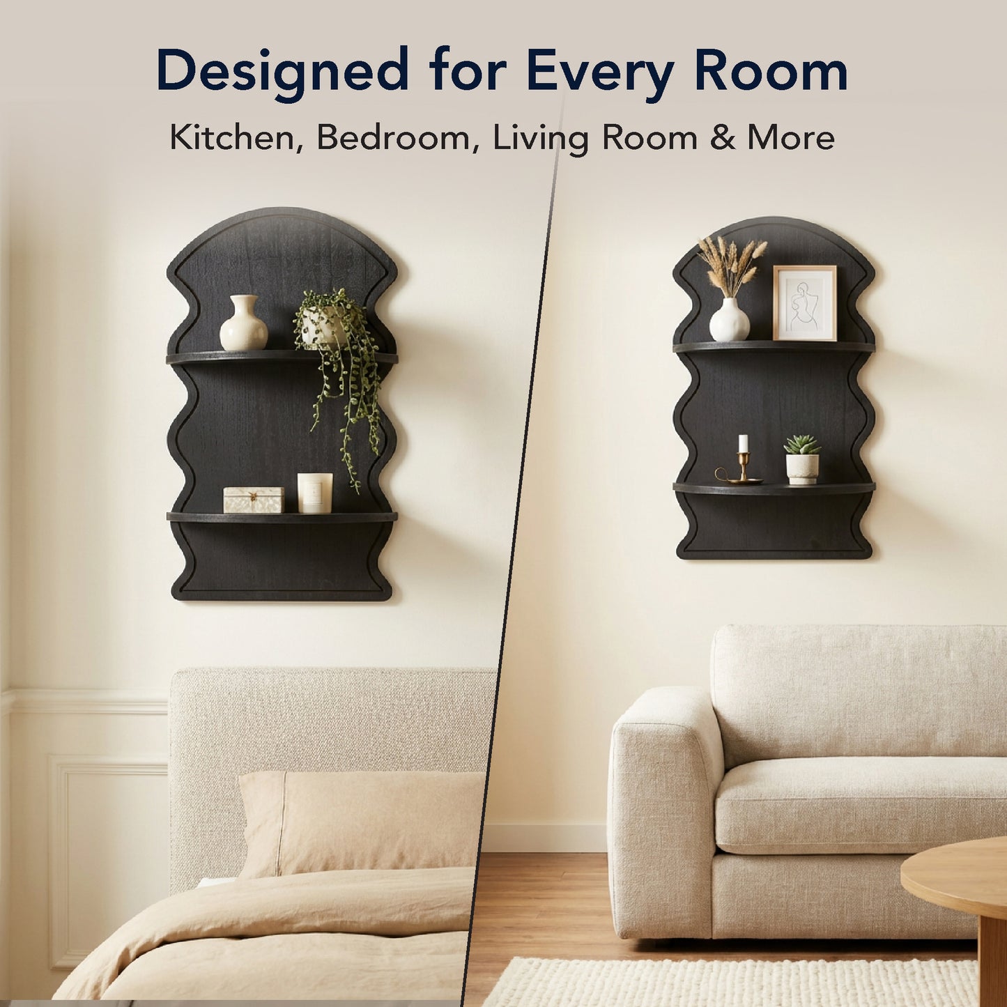 Black Wavy Arched Lunar Ledges 2-Tier Floating Wall Shelf