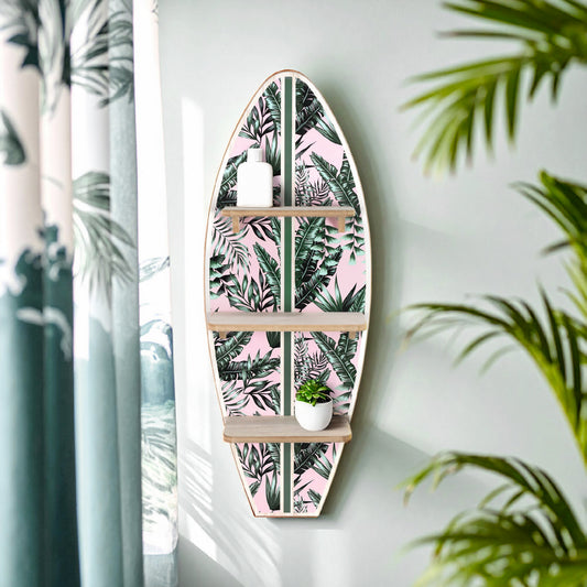 Tropical Palm Leaves Surfboard Wall Shelf - Pink and Green