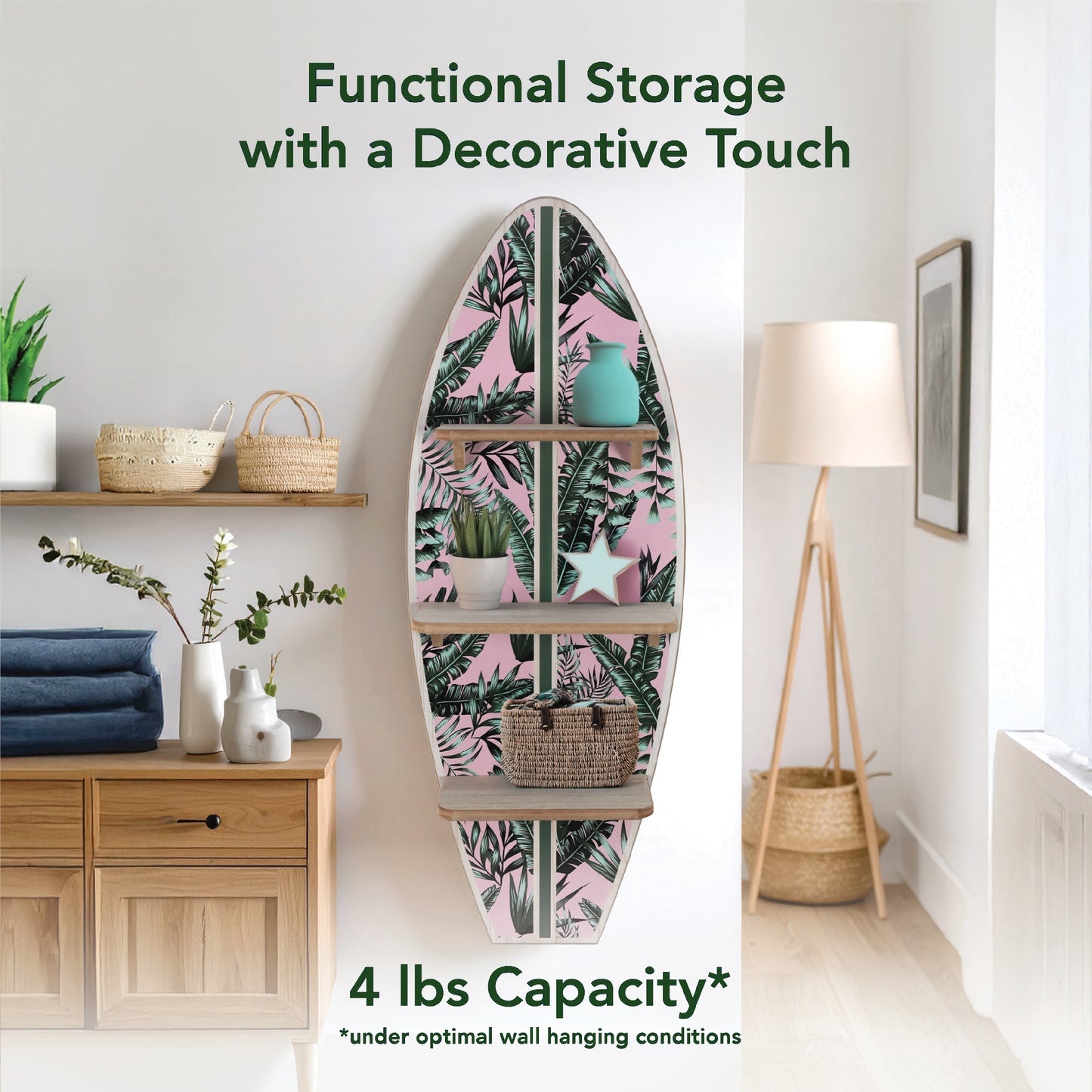 Tropical Palm Leaves Surfboard Wall Shelf - Pink and Green
