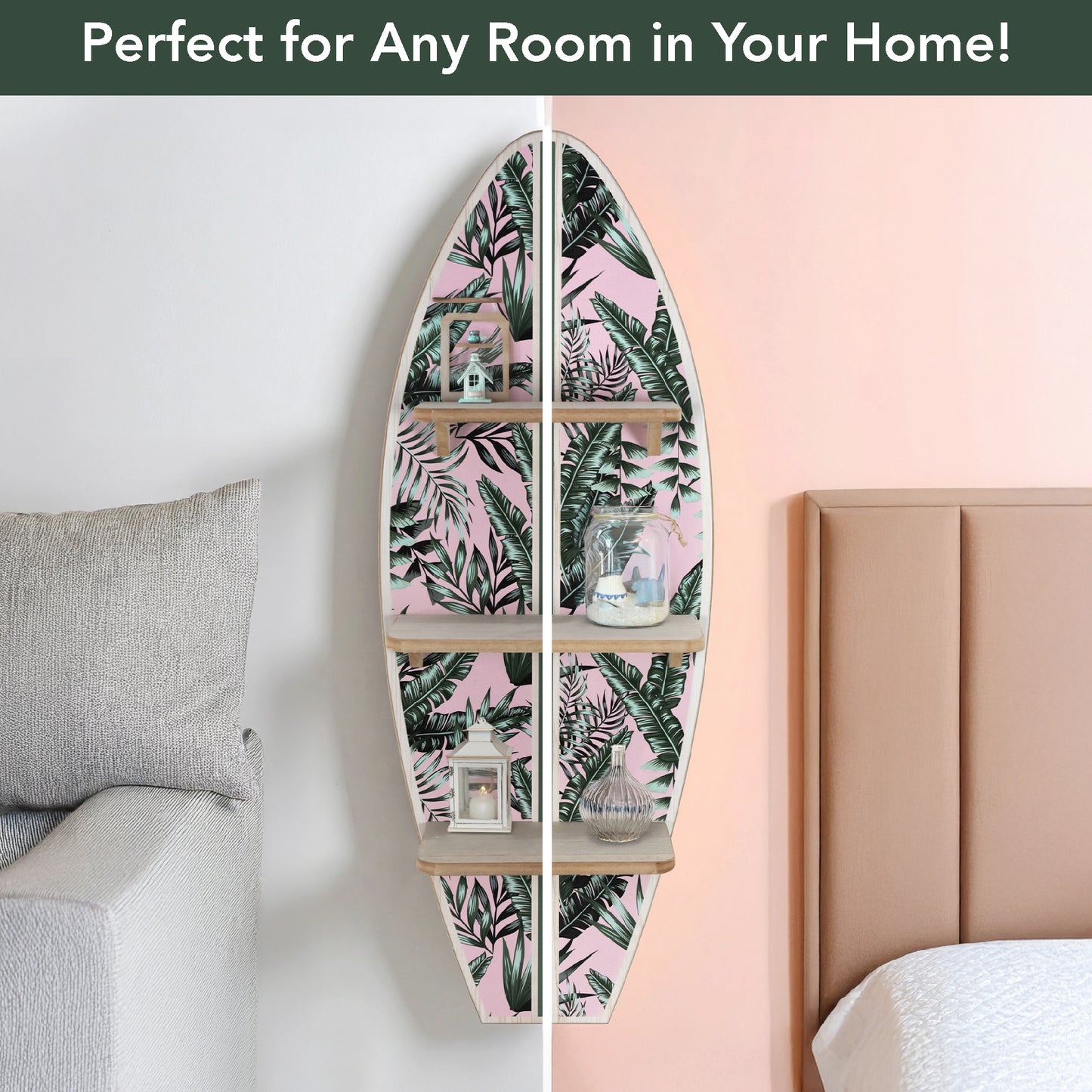 Tropical Palm Leaves Surfboard Wall Shelf - Pink and Green