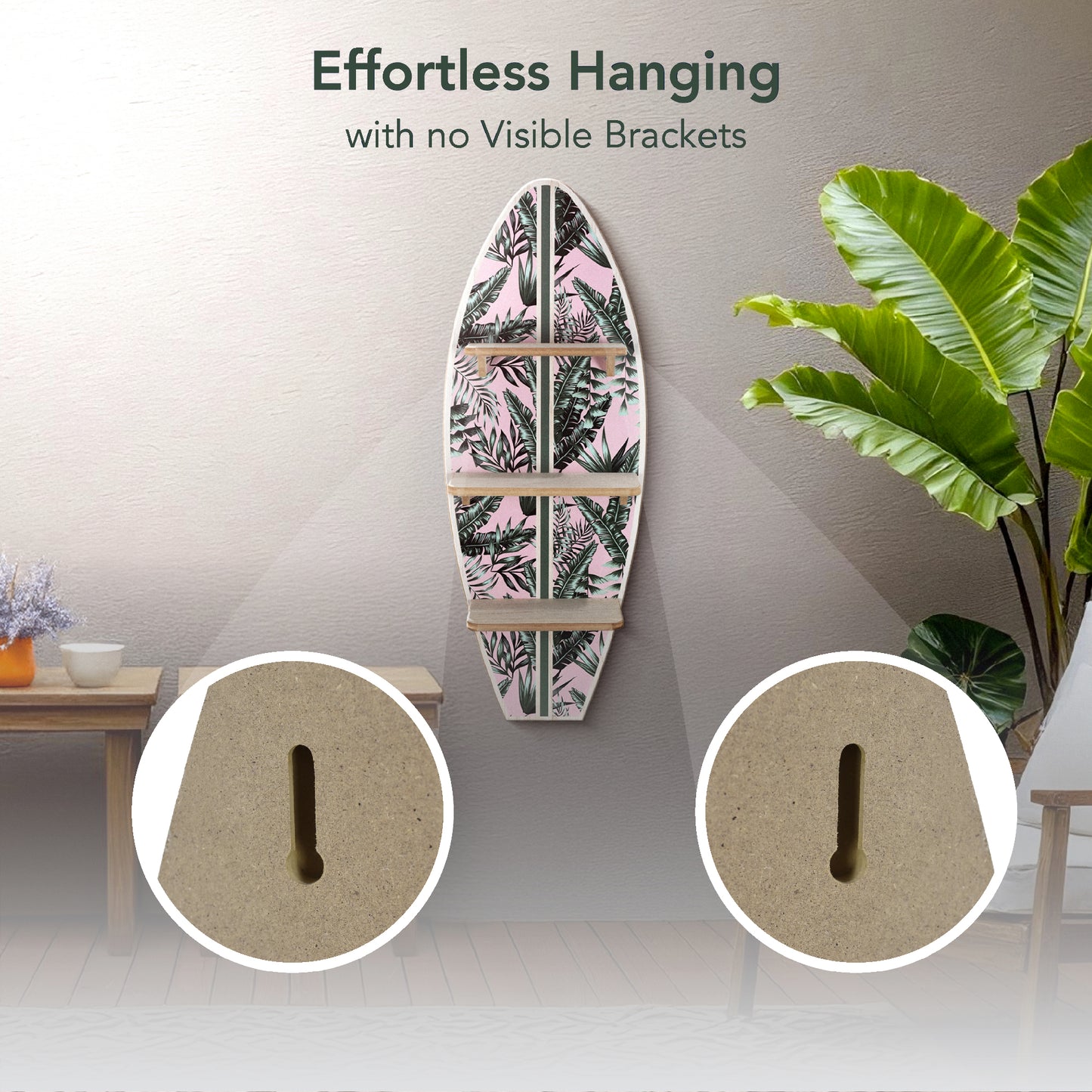 Tropical Palm Leaves Surfboard Wall Shelf - Pink and Green