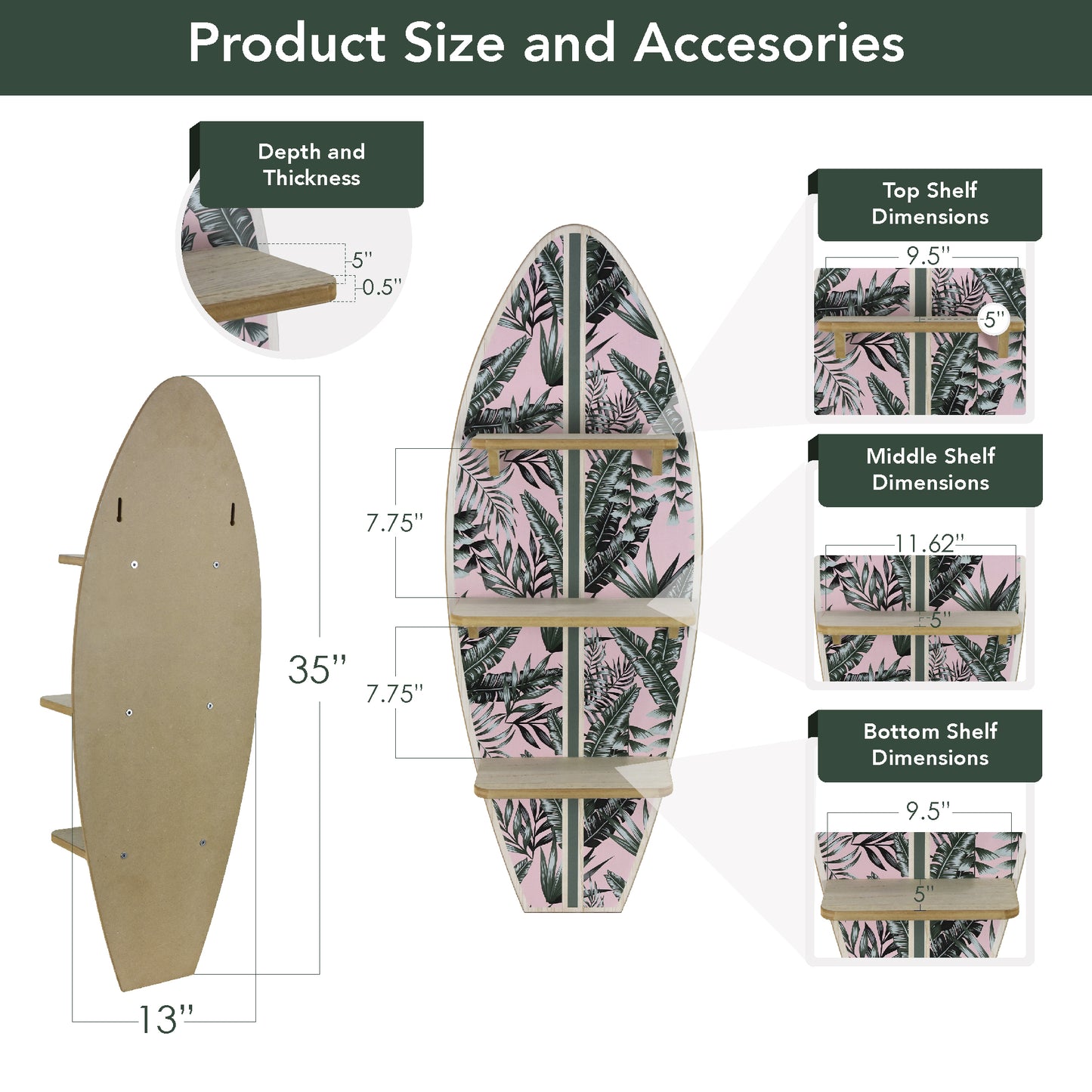 Tropical Palm Leaves Surfboard Wall Shelf - Pink and Green