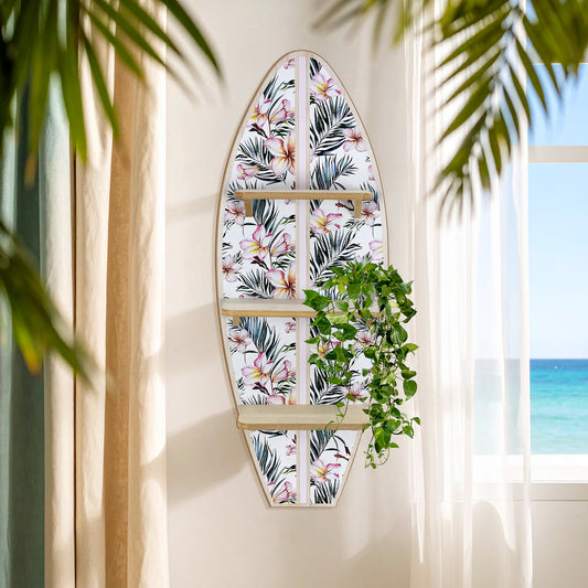 Tropical Surfboard Wall Shelf with Flowers and Palm Leaves