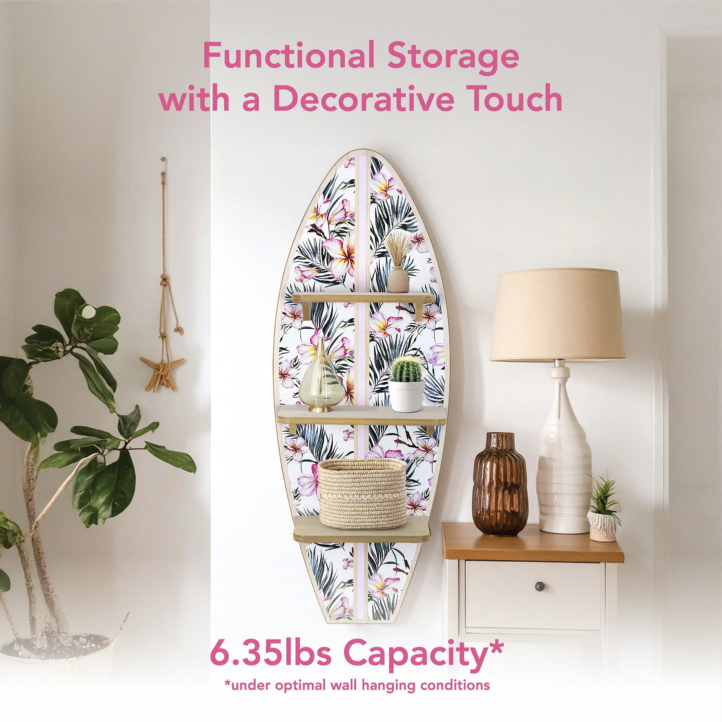 Tropical Surfboard Wall Shelf with Flowers and Palm Leaves