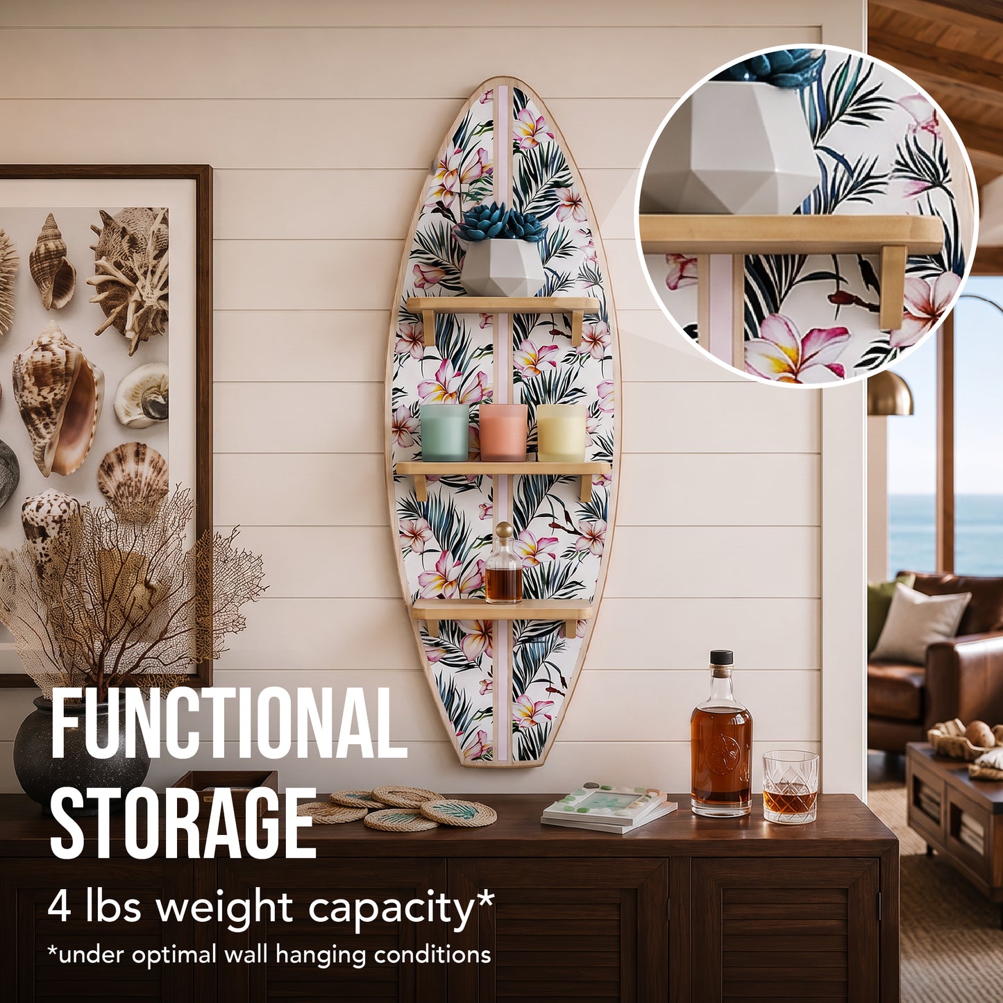 A tropical surfboard-shaped wall shelf with three natural wood display shelves featuring vibrant pink plumeria flowers and lush palm leaf artwork, perfect for coastal, beach house, Hawaiian, and botanical home décor.