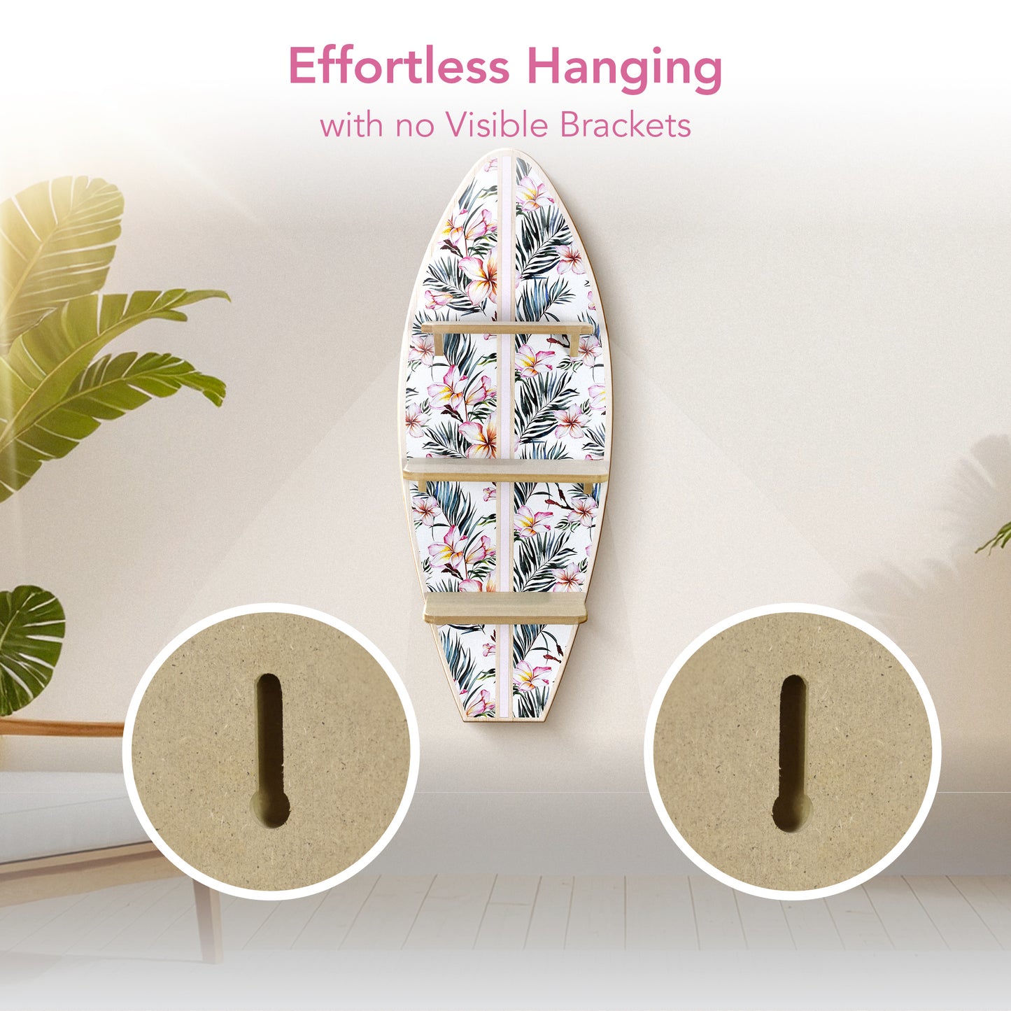 Tropical Surfboard Wall Shelf with Flowers and Palm Leaves
