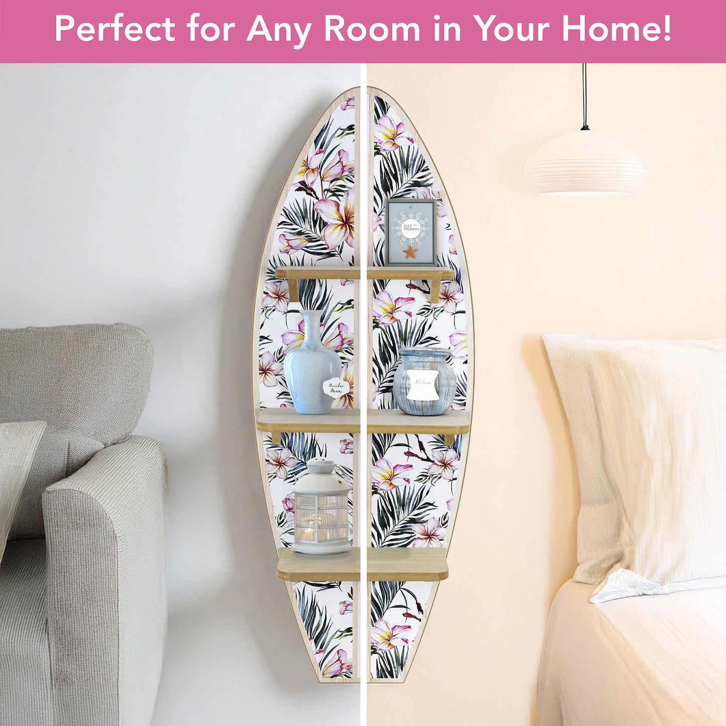 Tropical Surfboard Wall Shelf with Flowers and Palm Leaves