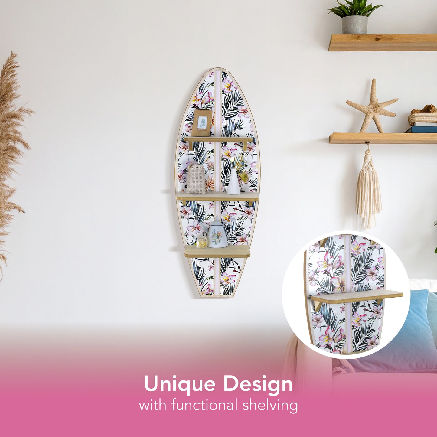 Tropical Surfboard Wall Shelf with Flowers and Palm Leaves