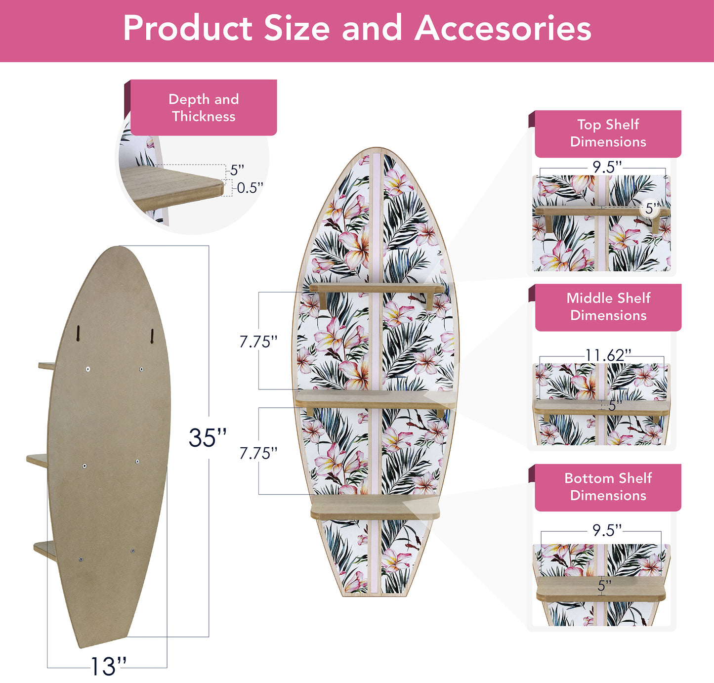Tropical Surfboard Wall Shelf with Flowers and Palm Leaves