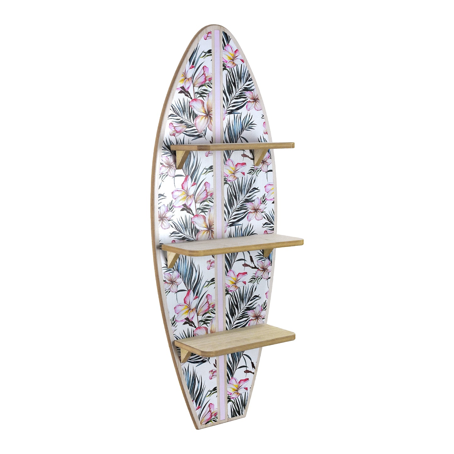 Tropical Surfboard Wall Shelf with Flowers and Palm Leaves