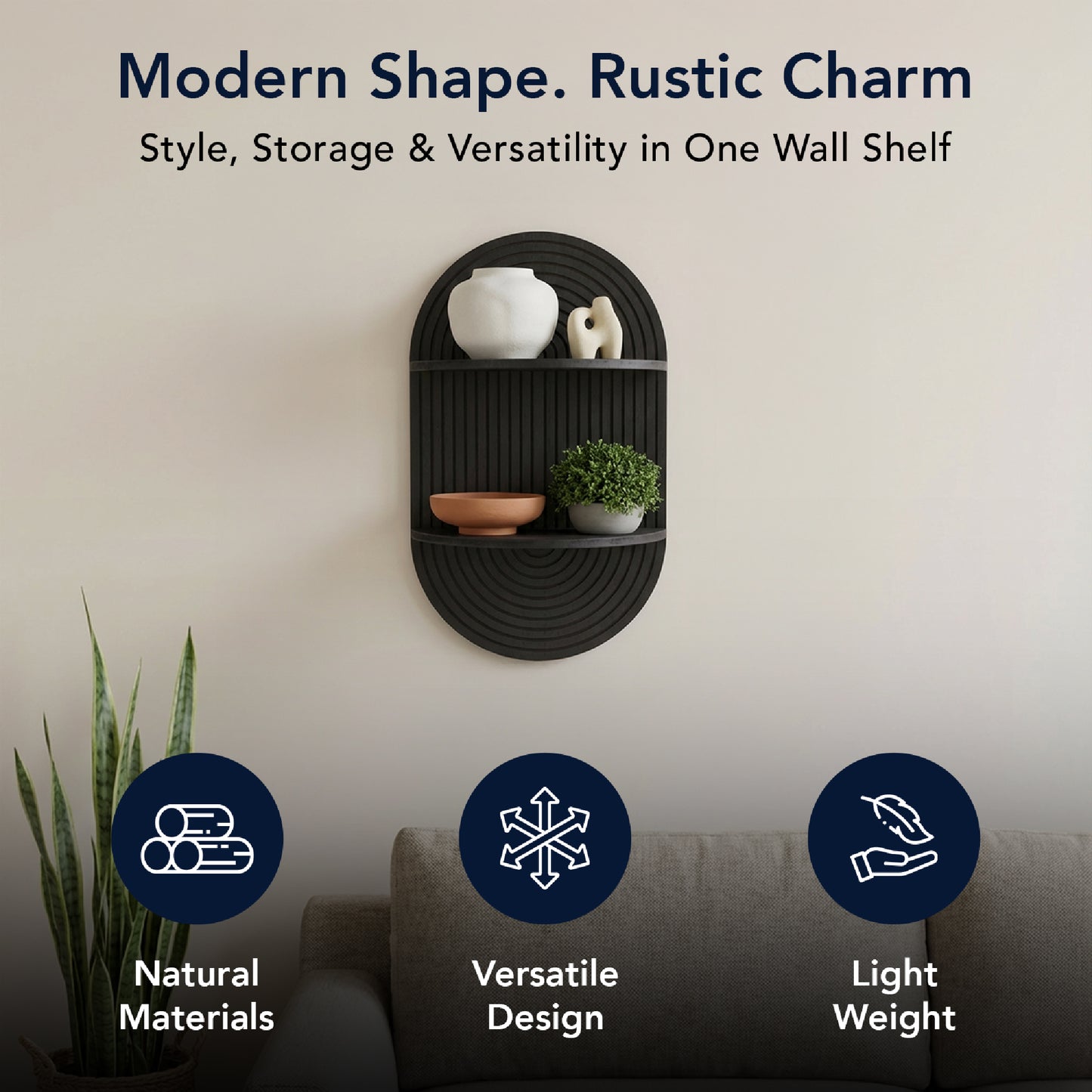 Black Boho Arched Carved Modular Lunar Ledges 2-Tier Floating Wall Shelf