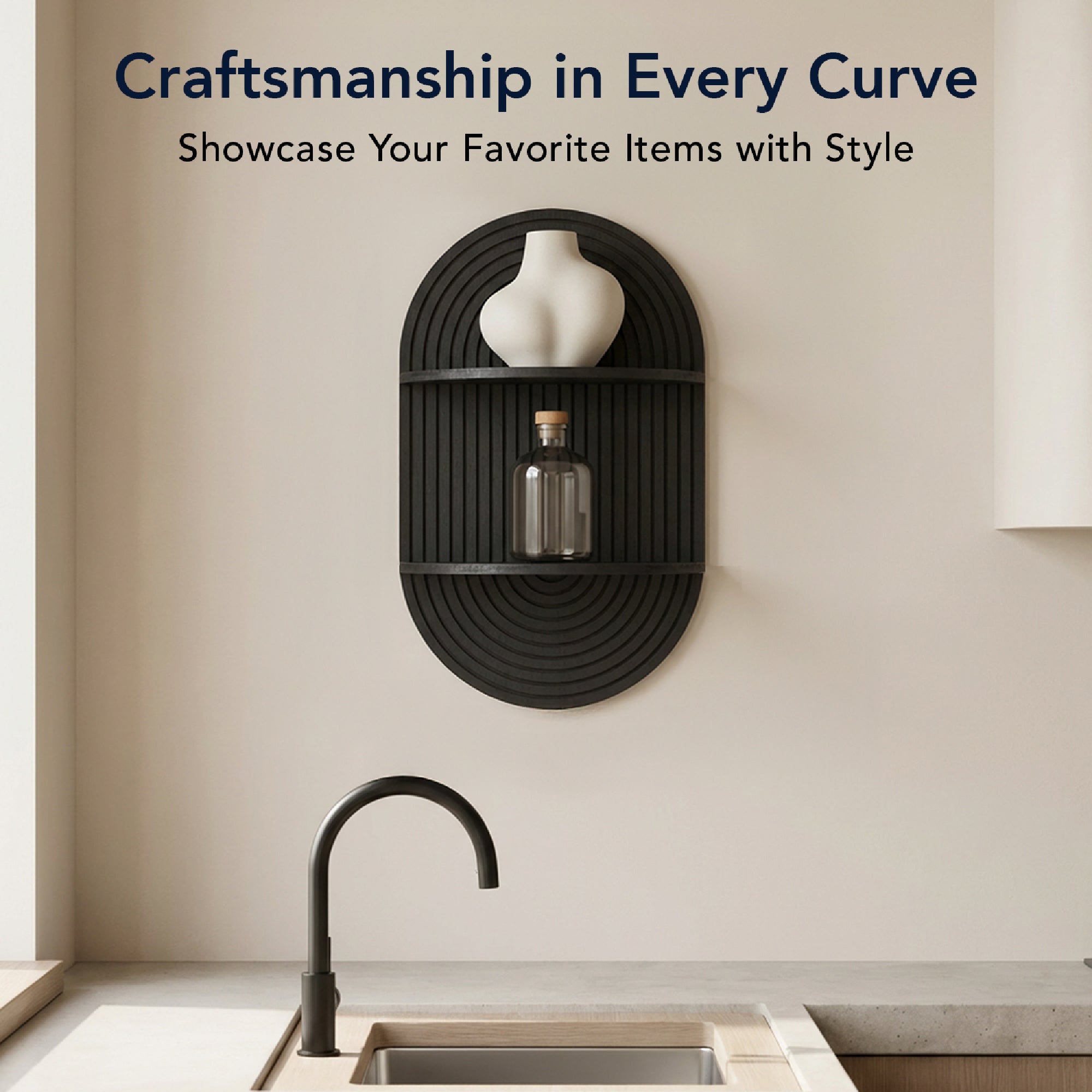 Black Boho Arched Carved Modular Lunar Ledges 2-Tier Floating Wall Shelf