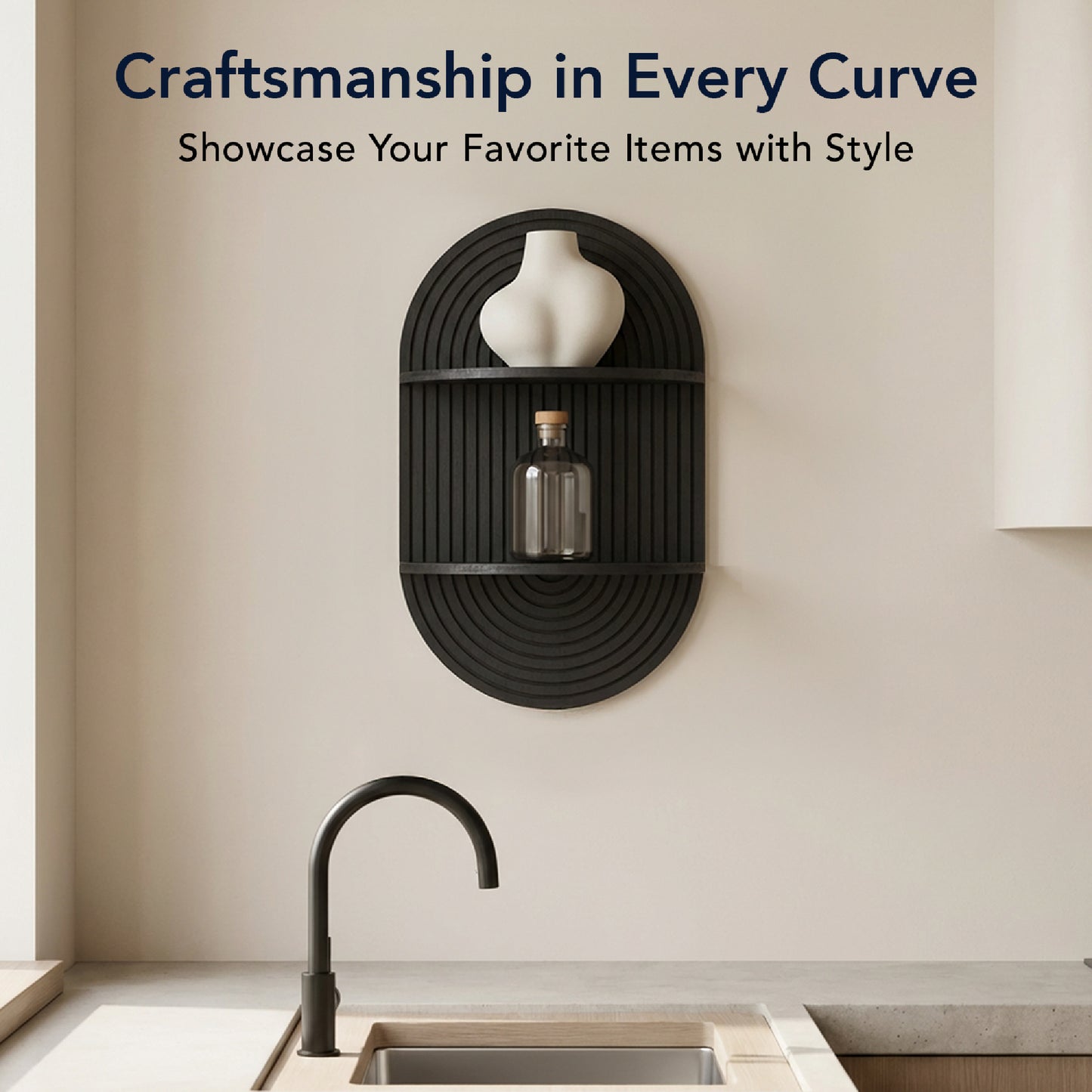 Black Boho Arched Carved Modular Lunar Ledges 2-Tier Floating Wall Shelf